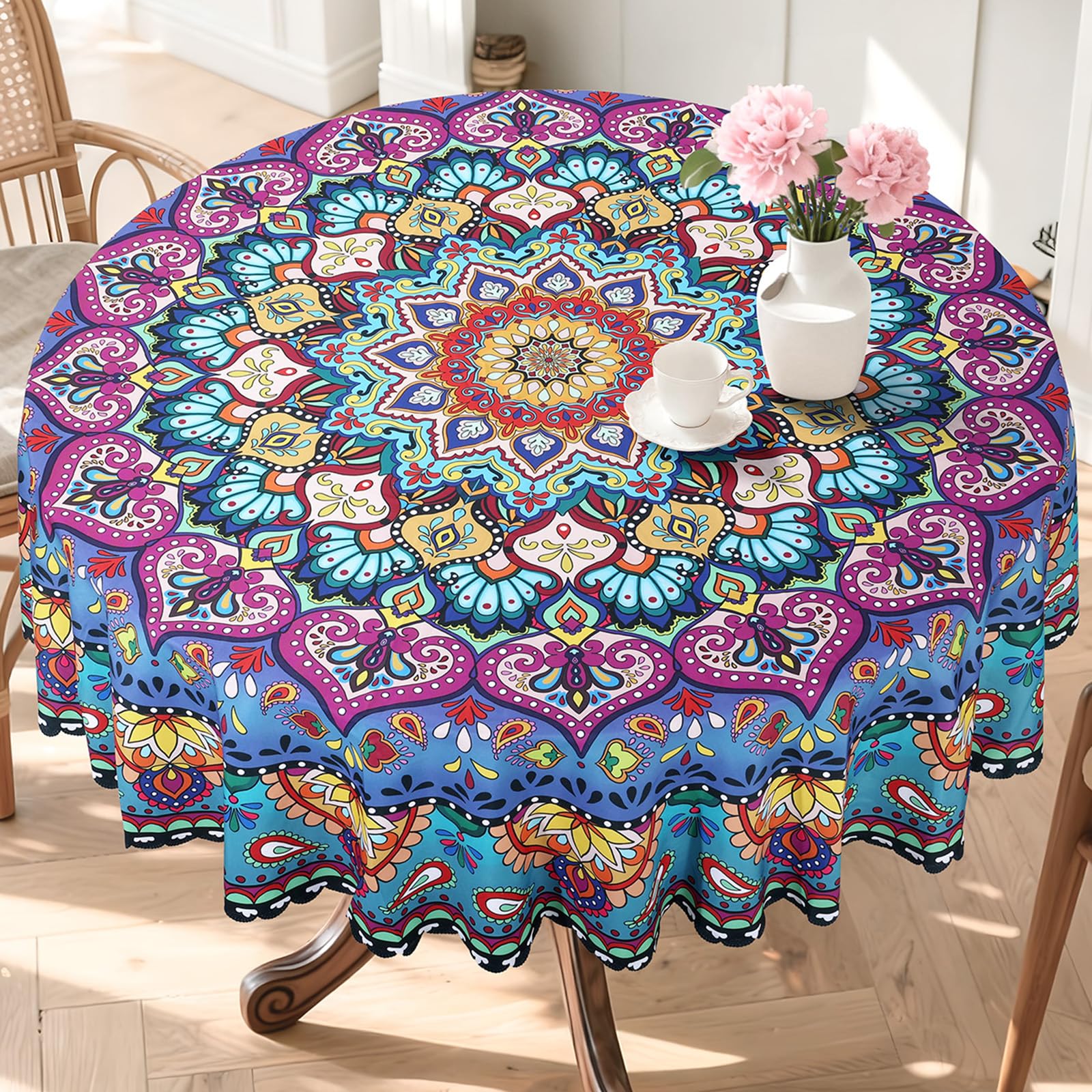 Tovaglia Rotonda Bohémien Geometria Mandala Marocchino Antimacchia Poliestere Copritavolo 152 cm 4-6 Posti