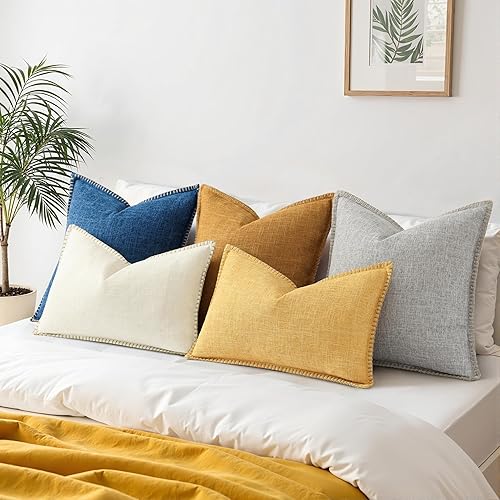 Miniatura 7 de decorUhome Juego de 2 fundas de almohada decorativas para exteriores de 20 x 20 pulgadas, cuadradas, de lino, rústicas, neutrales, con borde cosido