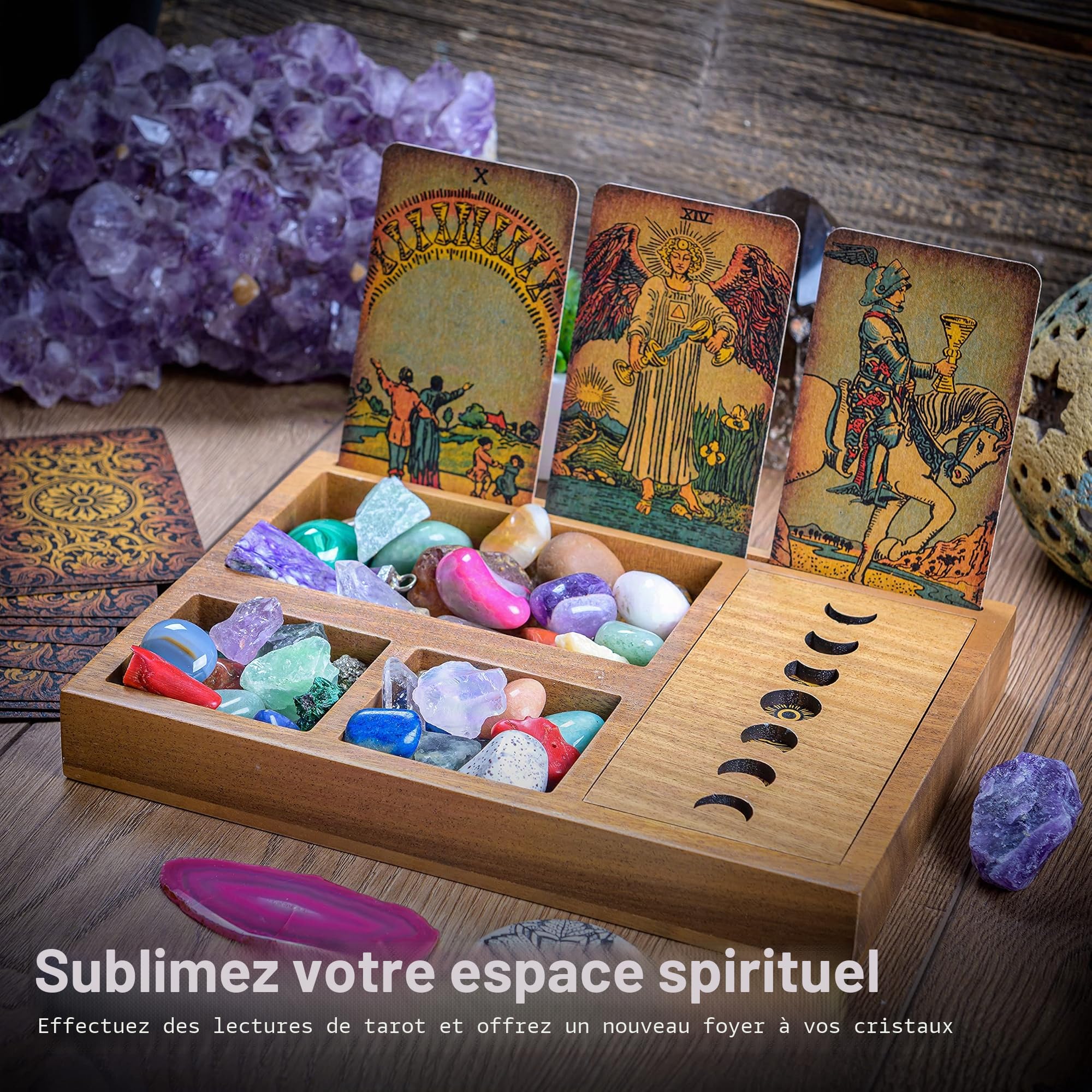 Boîte de rangement pour cartes de tarot avec 3 lectures immersives, support de cartes de tarot et support en cristal Design phase de lune Support de plateau de tarot et plateau en cristal