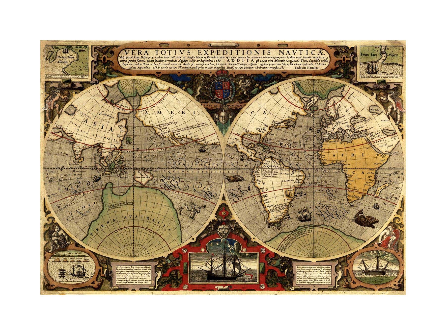 Wee Blue Coo Map Antique Hemisphere Globe World Wall Art Print