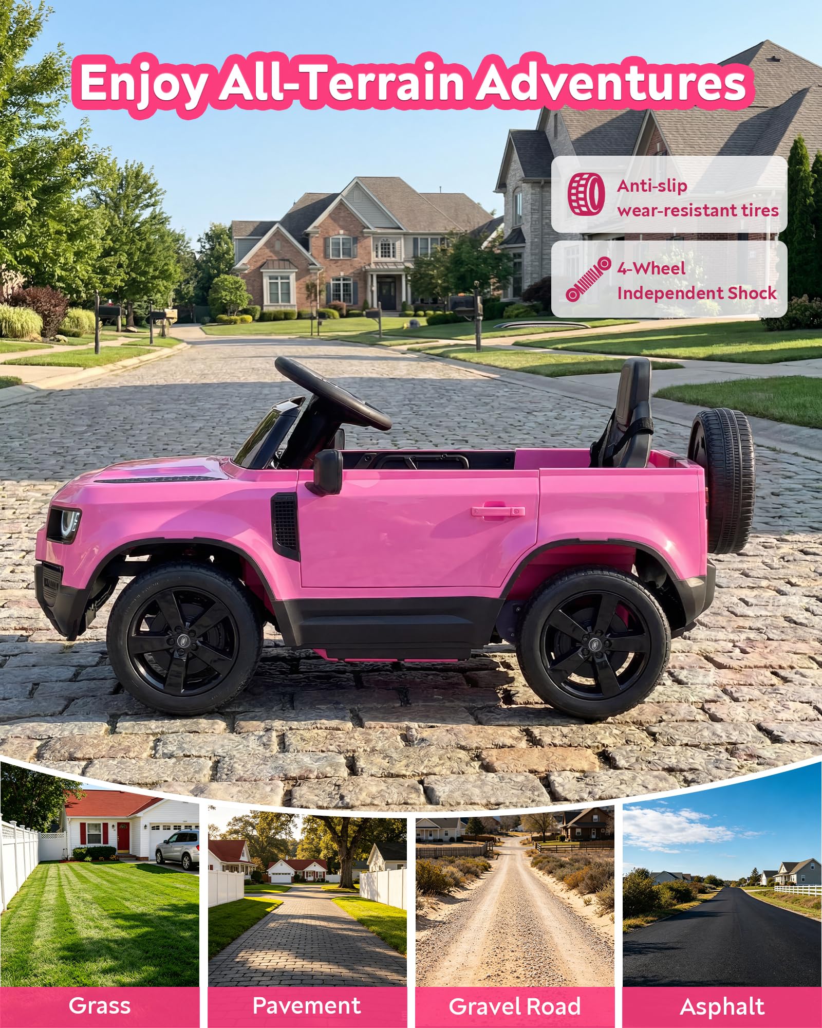Auto elettrica da 12 V per bambini, con licenza Land Rover, con telecomando per genitore, soft start, 3 velocità, assorbimento degli urti, luci LED e musica, giocattolo elettrico per bambini, rosa