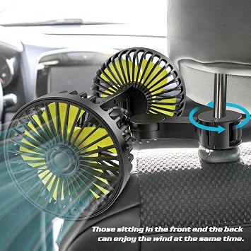 Wowok Car Fan for Rear Seat Passenger Dual Head USB Car Seat Fan for Backseat Kids, 360 Rotatable 3 Speeds Air Circulation Fans for Baby, USB Fans with Adjustable Clip for Vehicles SUV RV Vehicles