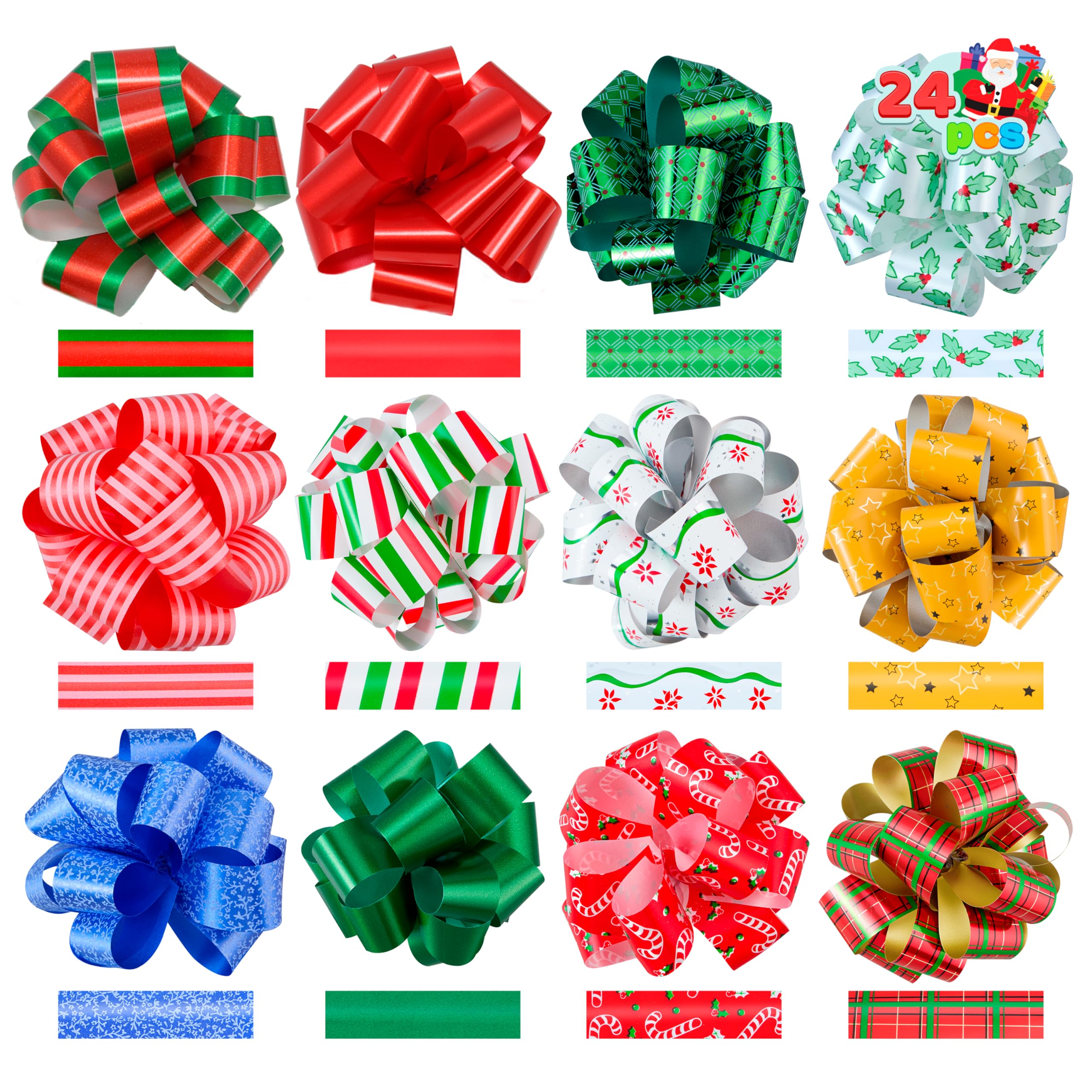 JOYIN 24 PCS Christmas Wrap Ribbon Pull Bows (5" Wide); Easy and Fast Gift Wrapping Accessory for Presents, Bows, Baskets, Wine Bottles Decoration, Xmas Gift Wrapping and Decoration Present