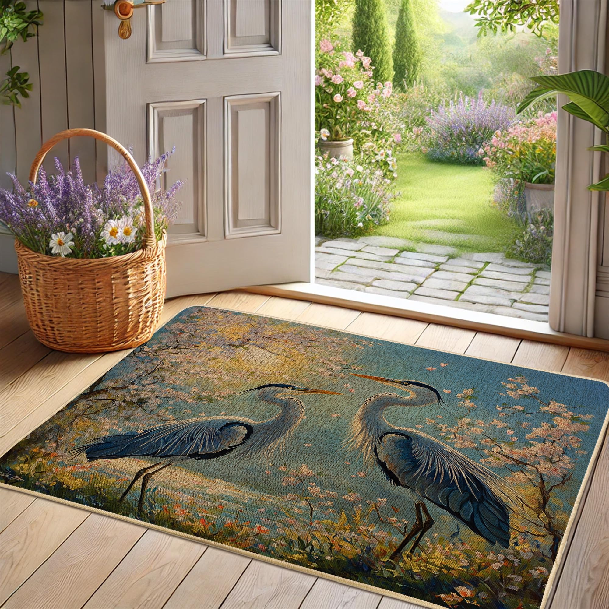 Elegant Heron Doormat, Blue Bird Door Mat for Indoor & Outdoor Entryway Spring Decor, Rubber Waterproof Non-Slip Dust Absorbent Welcome Mat, Easy