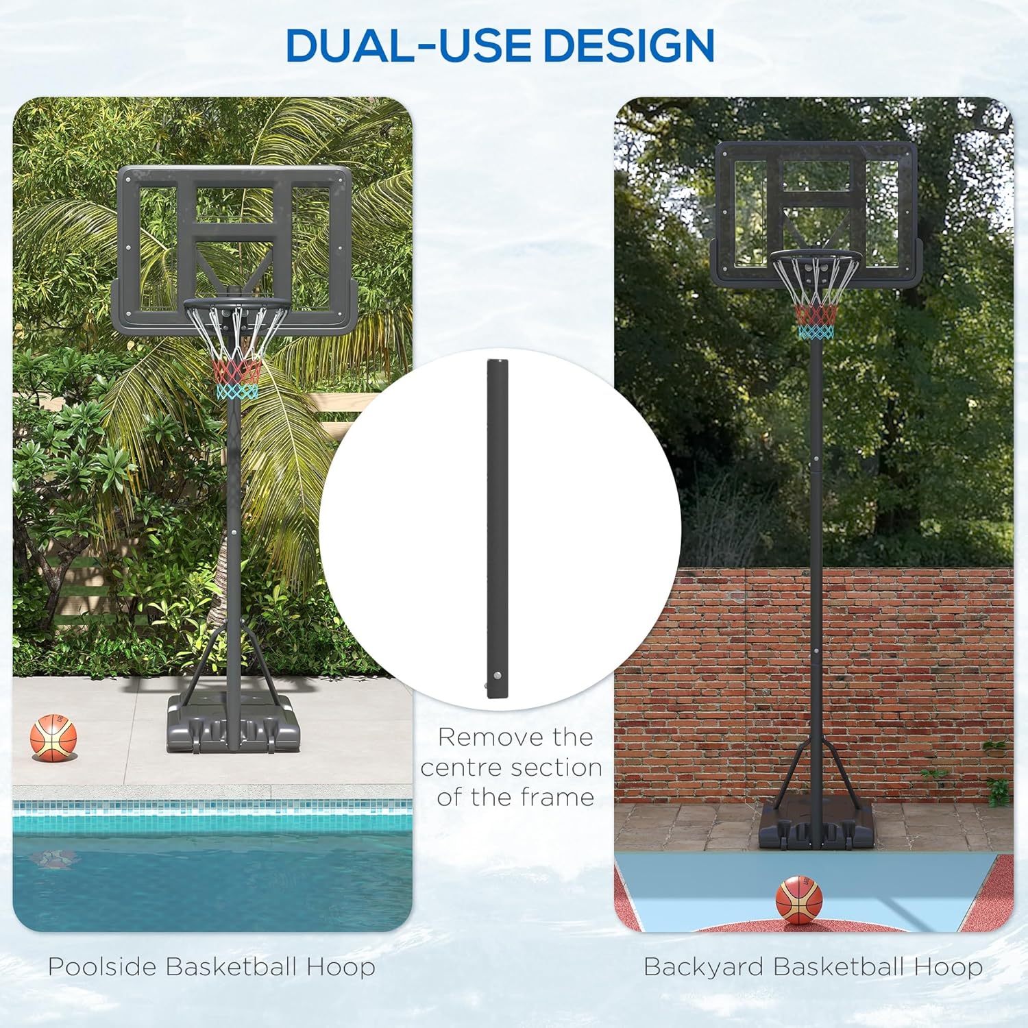 Dual-use design of the basketball hoop, showing poolside and backyard configurations