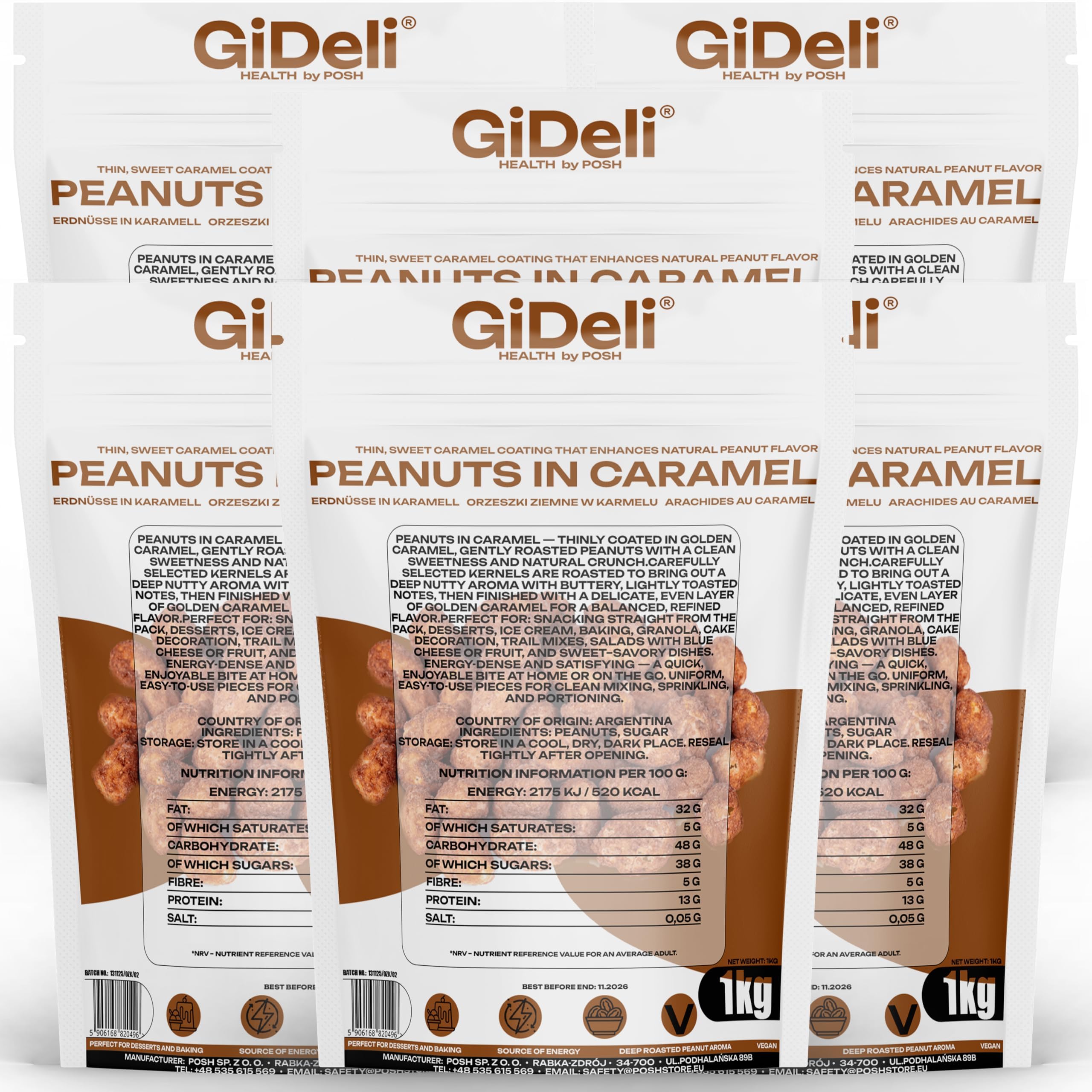 GiDeli Cacahuetes Garrapiñados 6 x 1 kg - Caramelizados en Bolsas Doypack