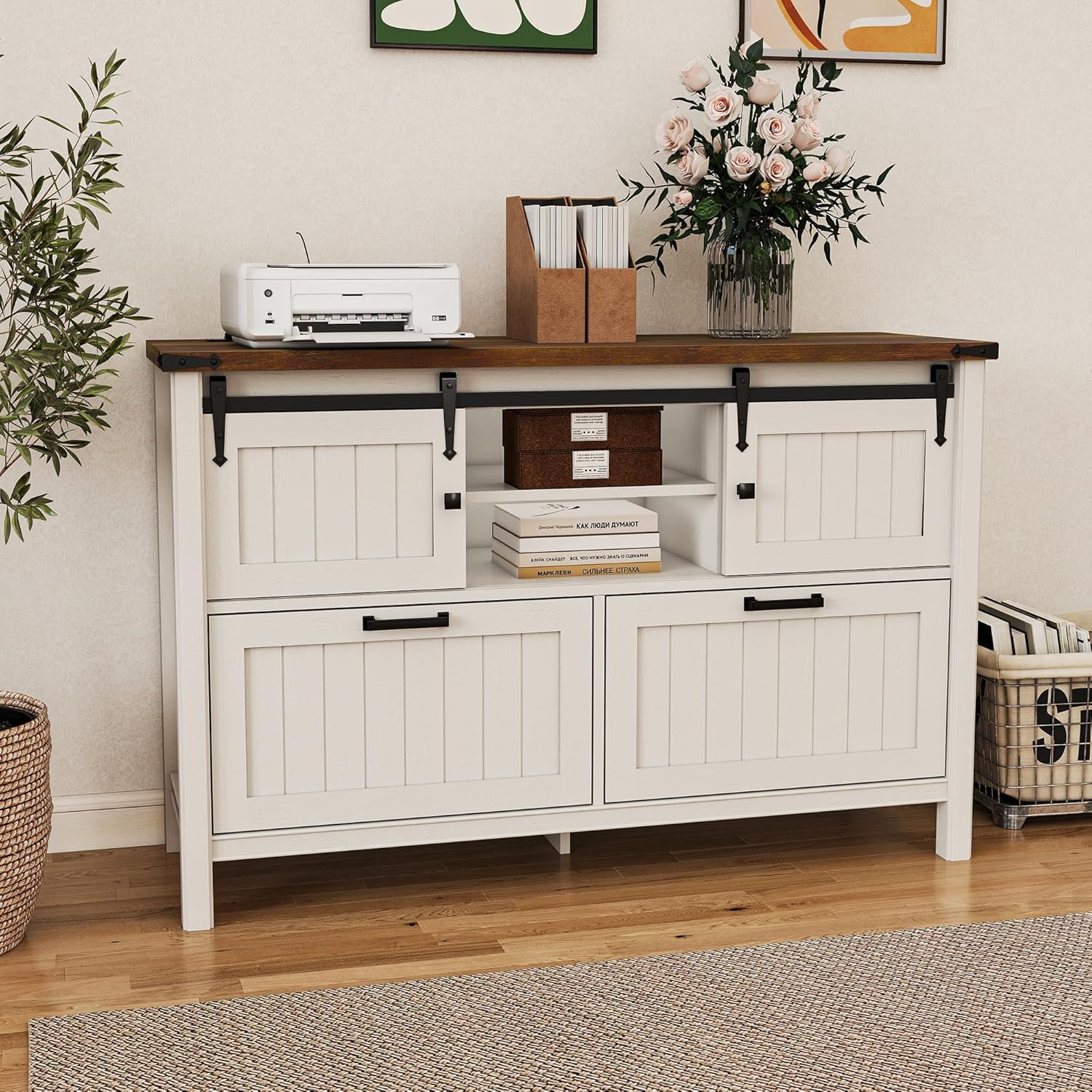 Farmhouse File Cabinet, Farmhouse Entryway Table with Sliding Barn Doors & 2 Drawers, Rustic Sofa Table with Open Shelf for Living Room, Hallway，White