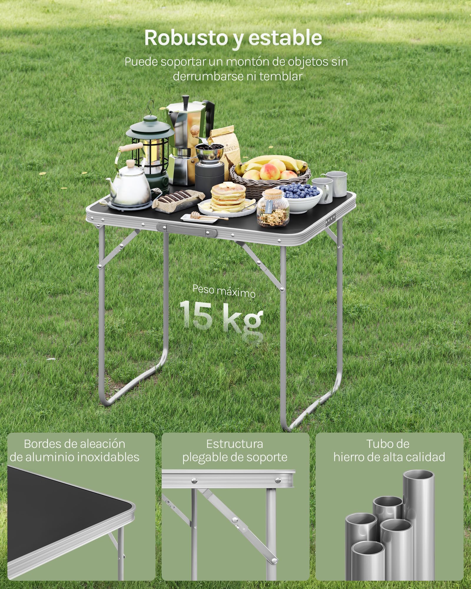 WOLTU Mesa de Camping, Mesas Plegable de Jardín, con Mango Multifuncional, Aluminio y MDF, Ideal para Picnic Playa Exteriores, 70x50x60 cm, Negro