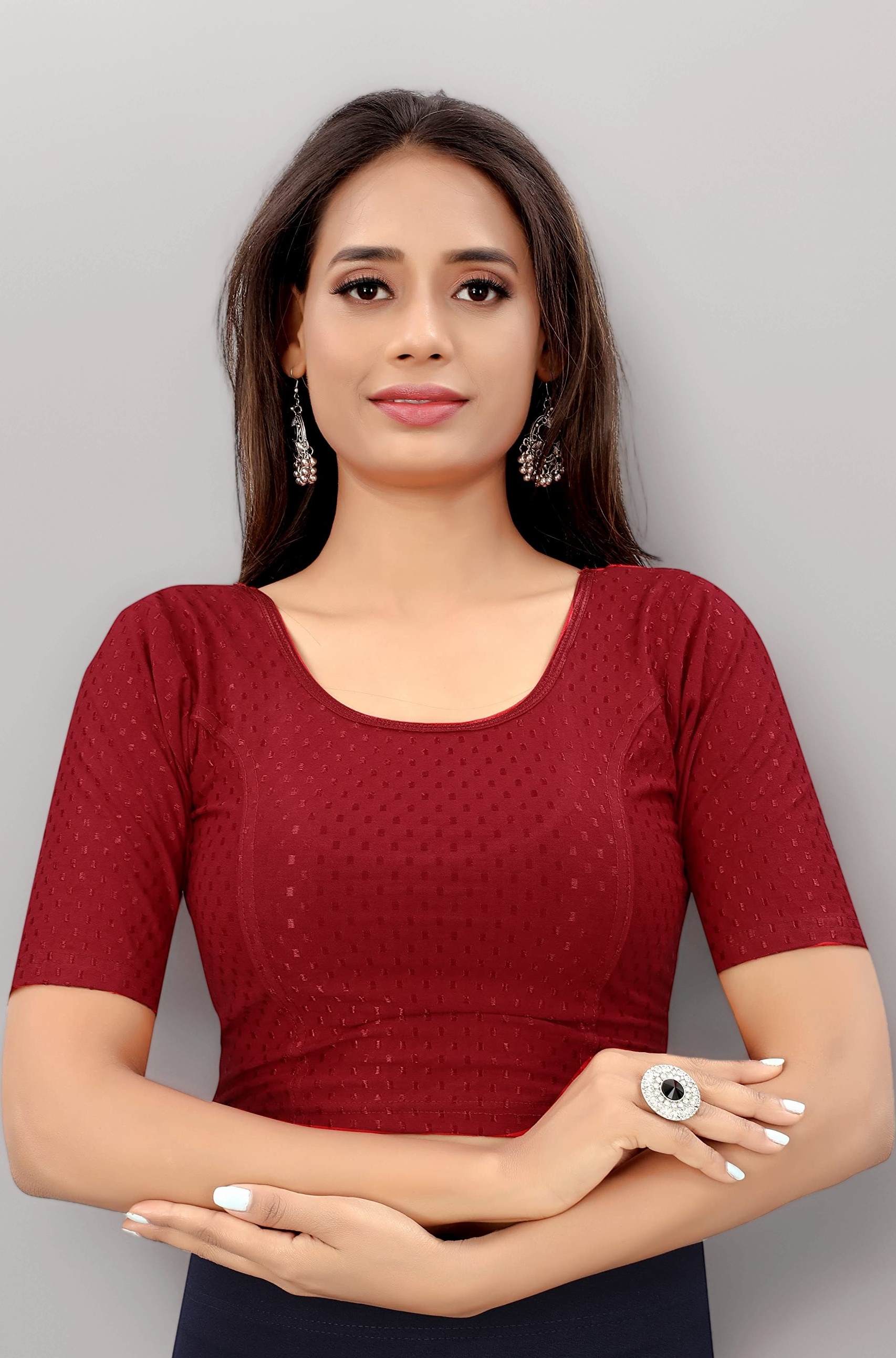 Round Neck Dobby Cotton Lycra Stretchable Elbow Sleeve Readymade Saree Blouse for Women Stylish