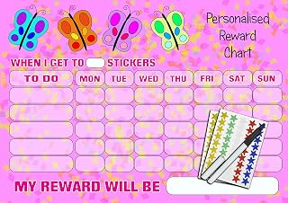 kids2learn Girls Personalised Re-usable Butterflies Reward Chart, 90 Stickers and Pen - Encourage good behaviour - Household Chores - Bedtime Routine