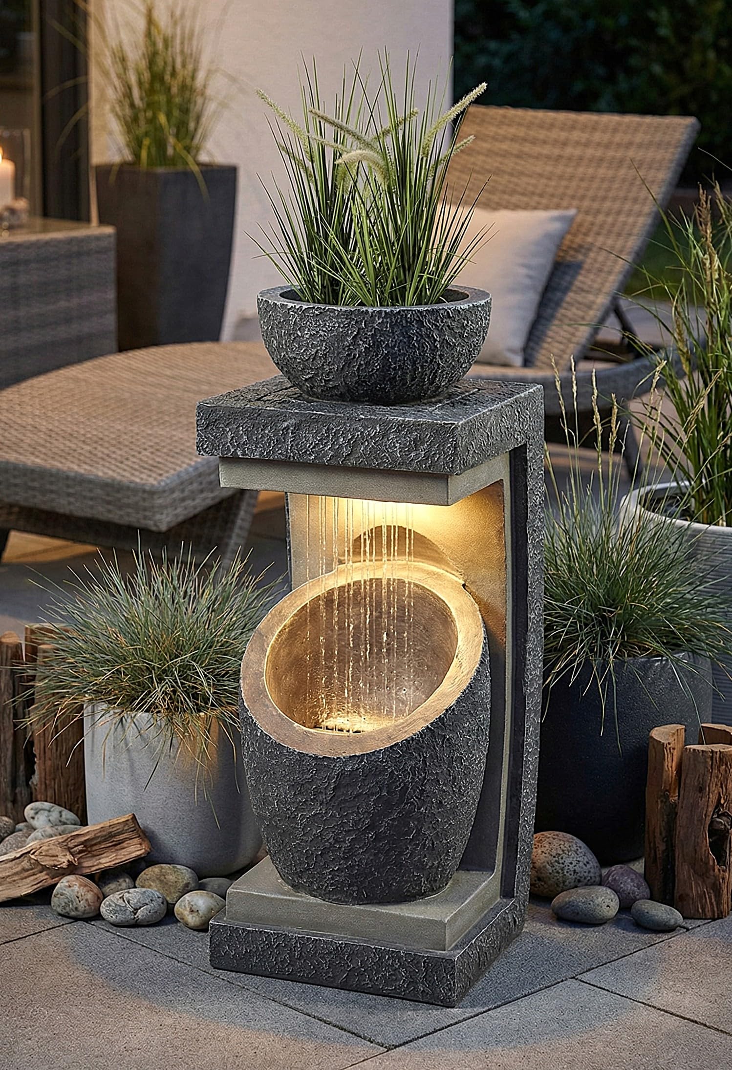 Fuente de jardín con iluminación LED Win 30, fuente de plantación moderna, decoración de jardín, imitación de piedra, 81 cm