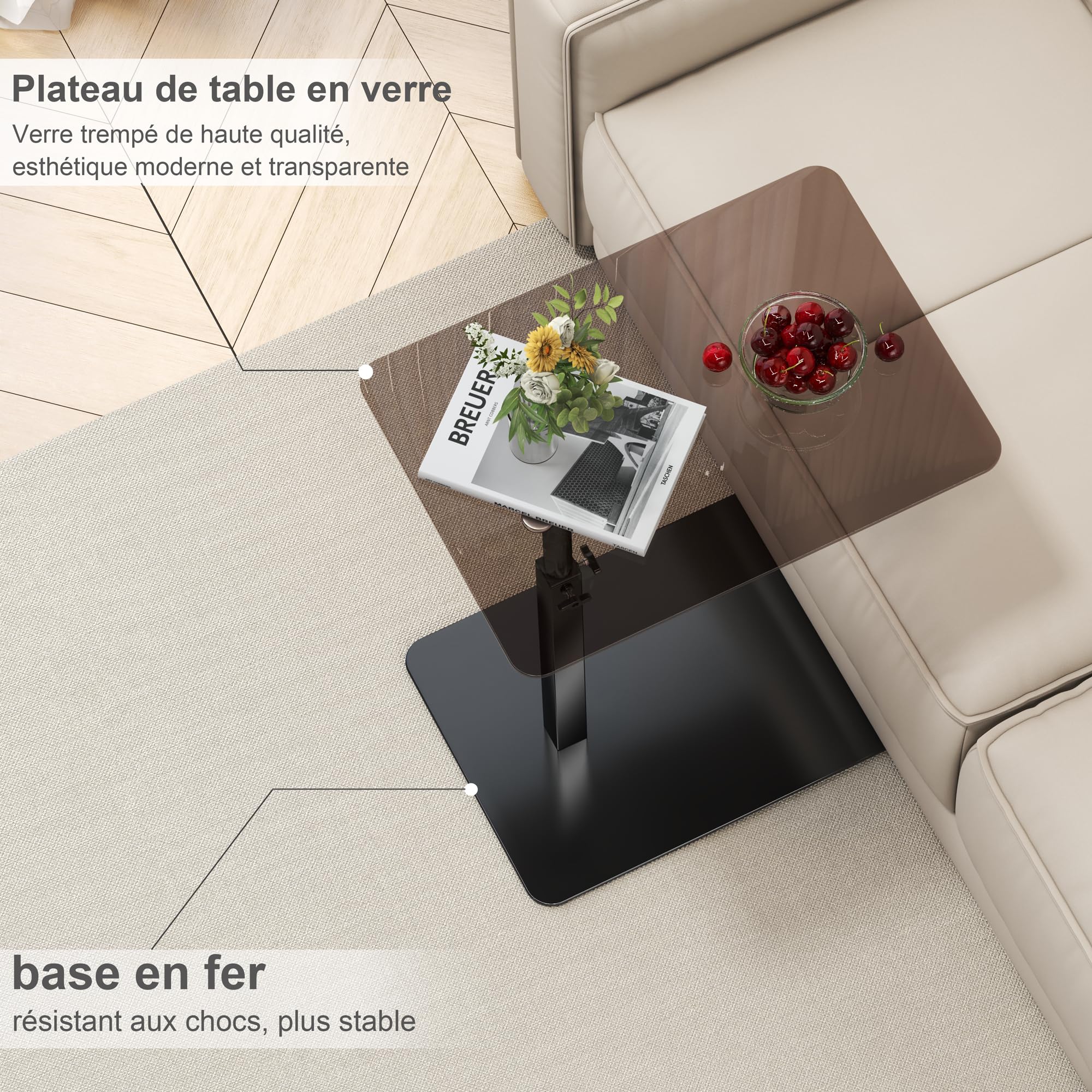 Mesa auxiliar de cristal en forma C, altura ajustable, base de metal, mesa auxiliar para sofá/cama, mesa giratoria de 360°, mesa auxiliar móvil para salón, color negro y transparente. (negro)