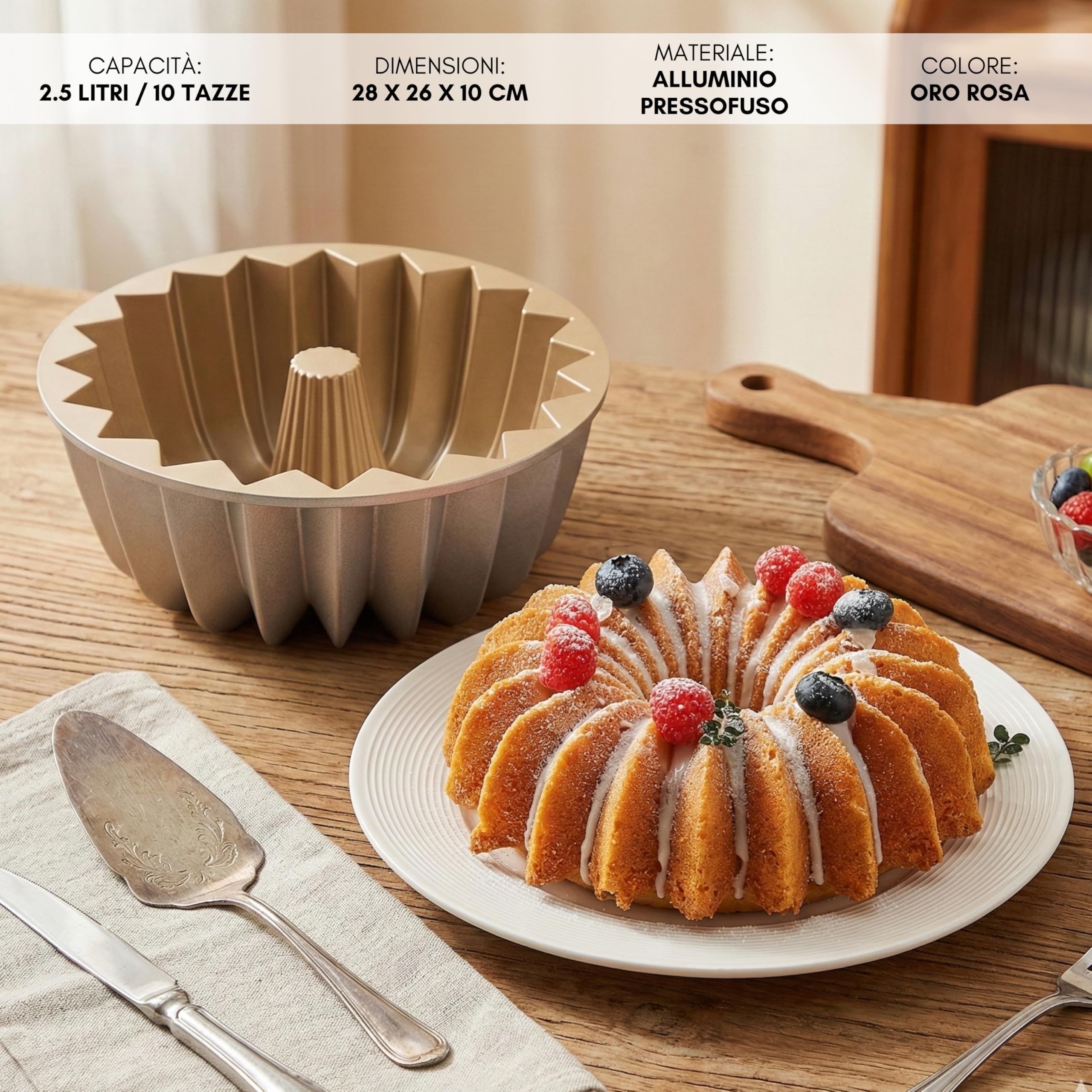 Erreke Stampo Torta Forno, Stampo Ciambella con Doppio Rivestimento Antiaderente, Alluminio Pressofuso Resistente, Savarin Cottura Uniforme, per Pasticceria, Flan, Budino, 24 cm, 2,5 litri, Gleam