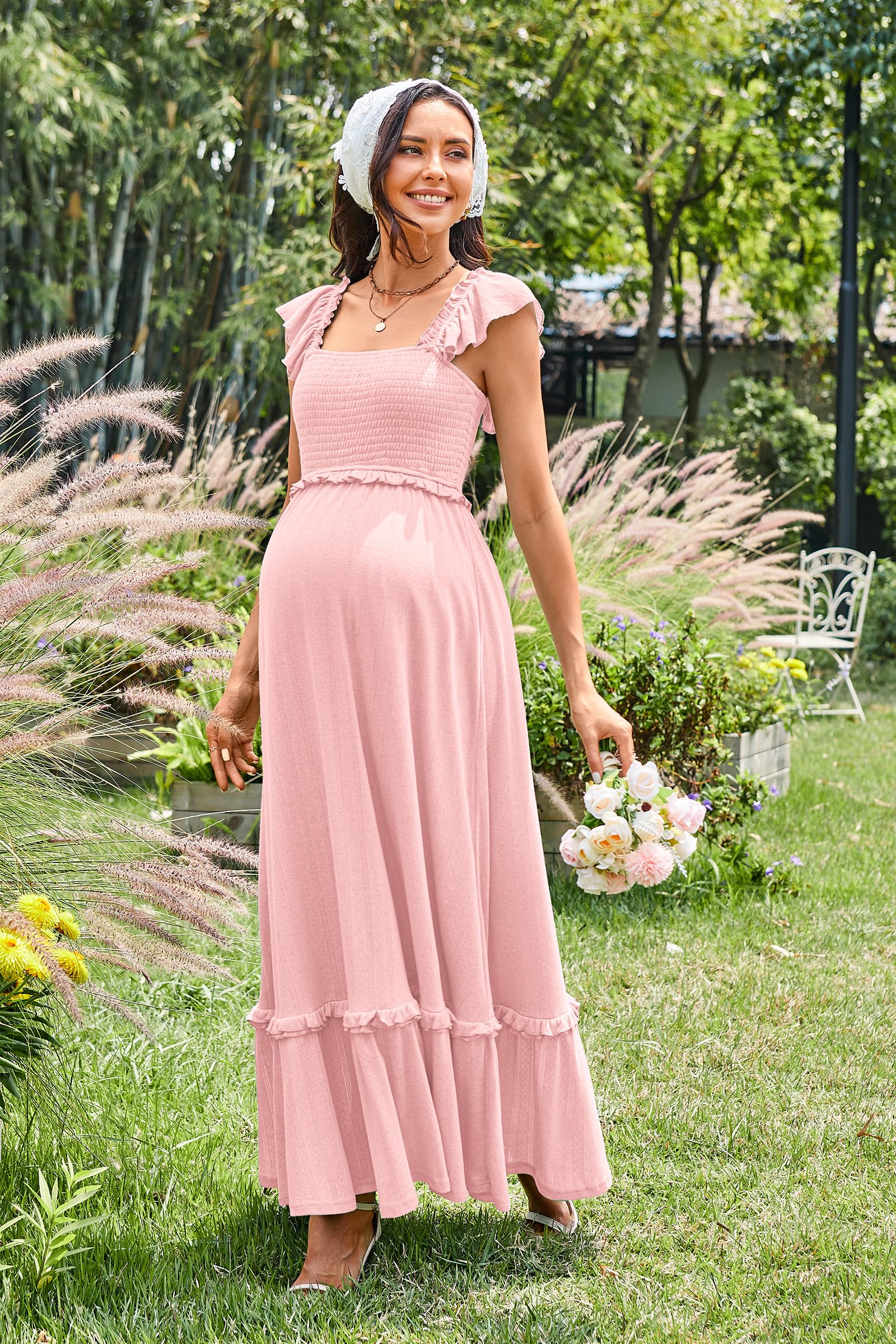 OUGES Femme 2025 Robe d'allaitement été Manches Volantes Boho Maxi Robe de Maternité pour Baby Shooting Photo Mode Grossesse