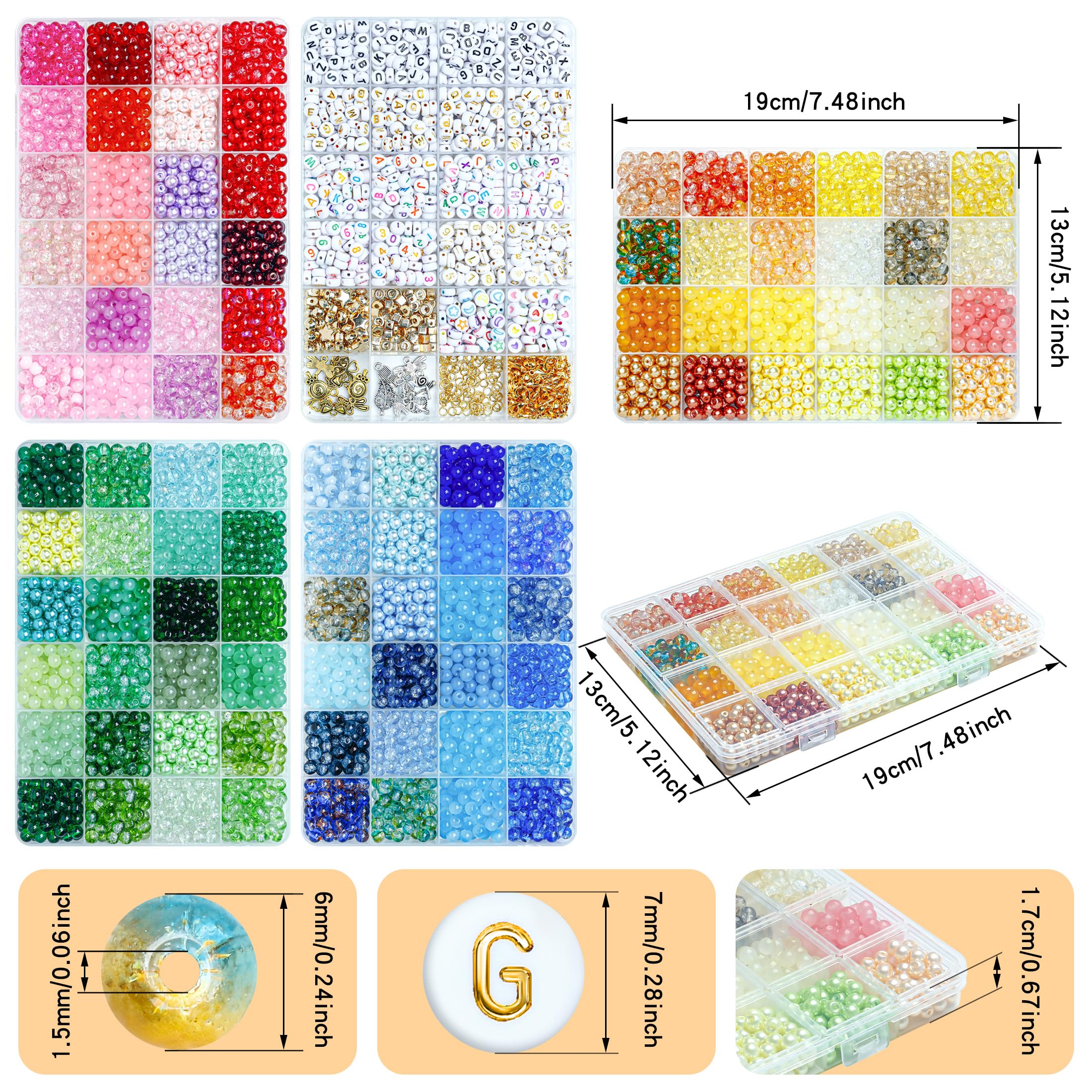 Glasperlen-Set, 6 mm, runde Perlen in 96 Farben, für Schmuckherstellung, 3056 Stück
