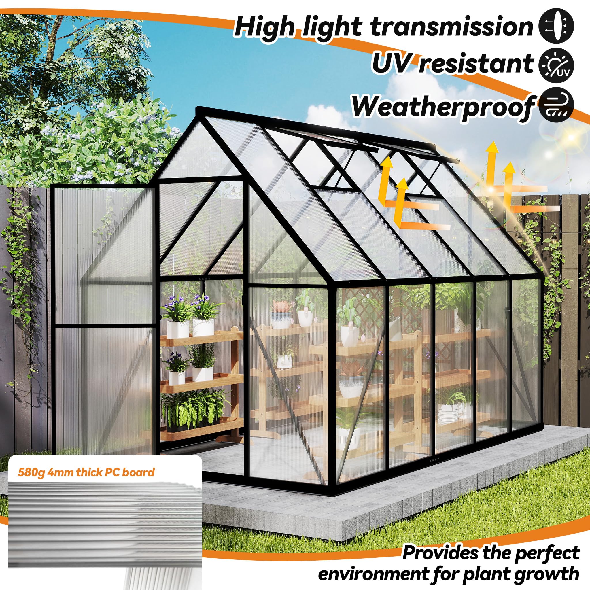 Froadp Serre en aluminium avec fondation 280 x 180 x 195 cm - Plaques creuses en polycarbonate de 4 mm - Résistant aux intempéries - Serre à tomates avec fenêtres - Pour jardin et élevage