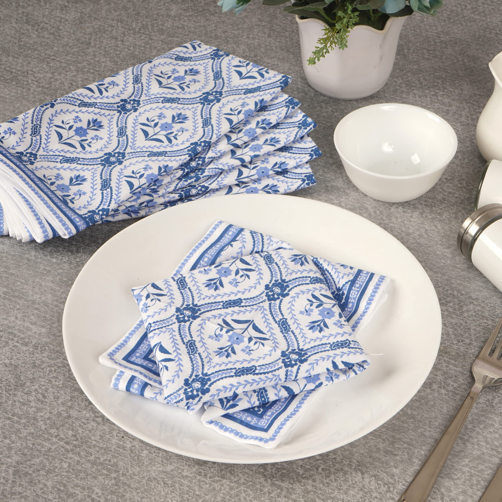 FINGERCRAFT Lot de 12 serviettes de table en coton et lin mélangé avec des coins en onglet, parfaites pour les fêtes, dîners, mariages, cocktails, Noël, Pâques - 50,8 x 50,8 cm - Bleu damassé