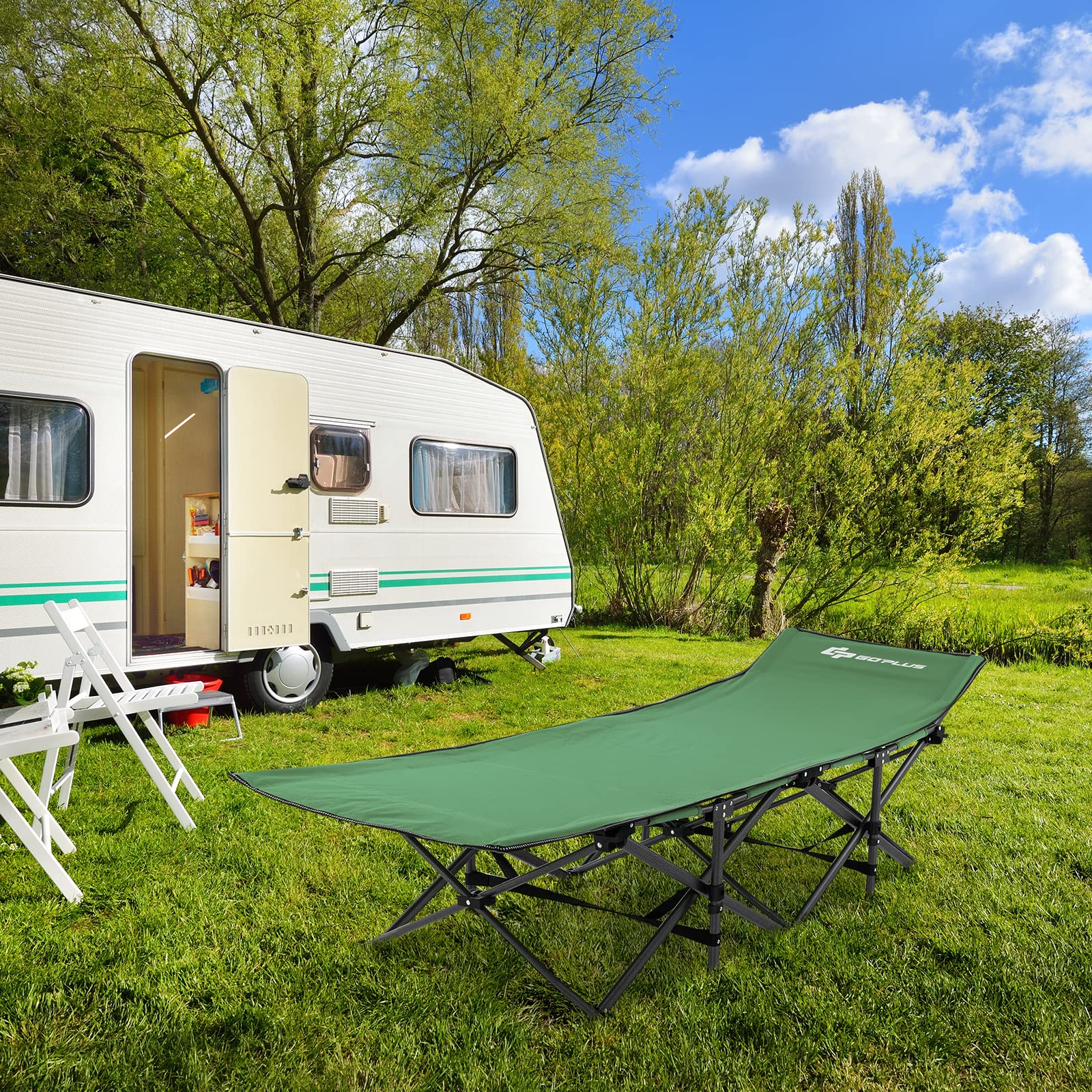 GYMAX Lettino da Campeggio Pieghevole Pesante con Poggiatesta Inclinato Tasca Laterale Borsa di Trasporto Supporta 272kg, Lettino Portatile per Escursioni, Pisolini a Lavoro