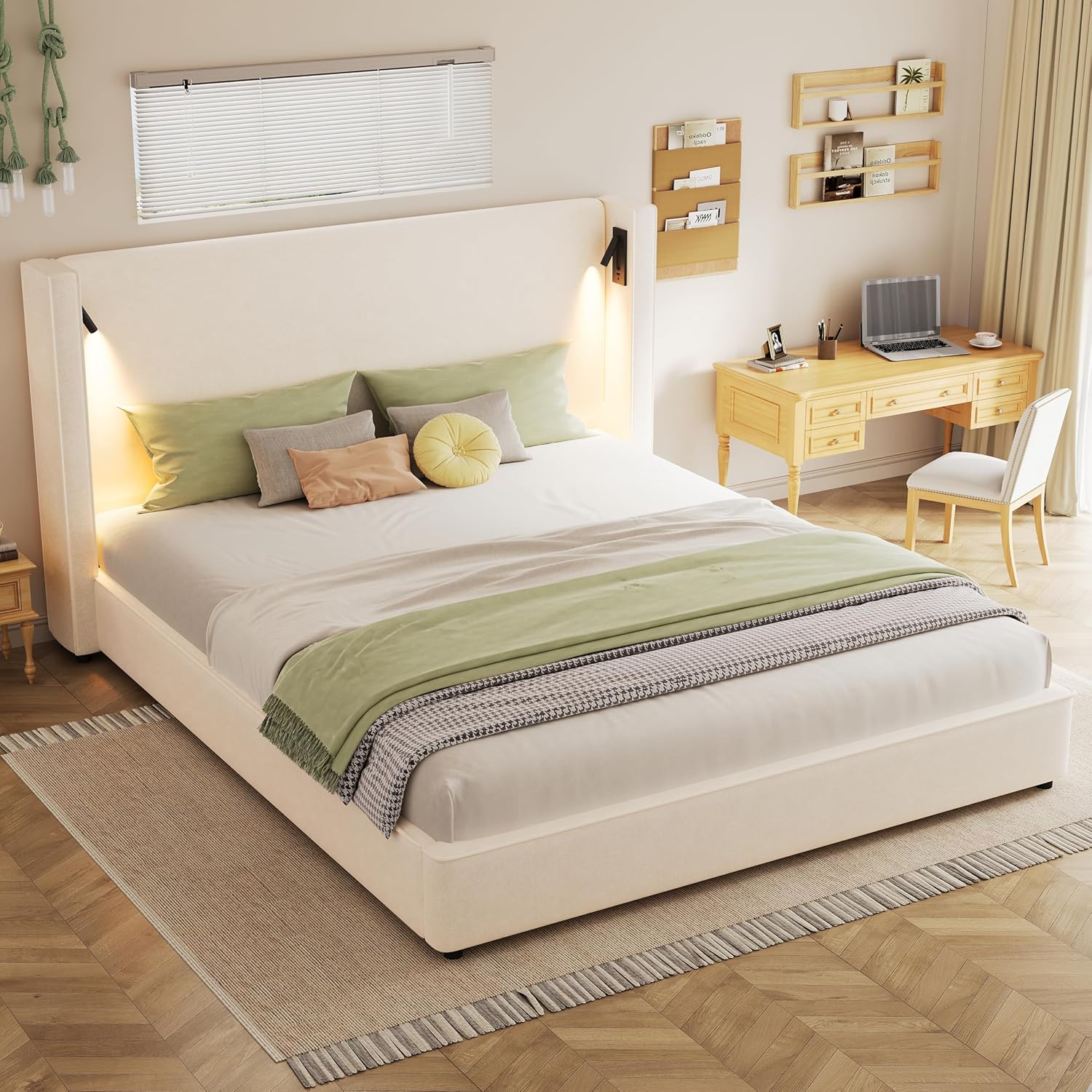 Merax King Size Natural Polyester Linen Fabric Upholstered Bed Frame with High Wingback Headboard, Reading Lamp and USB Port, Beige
