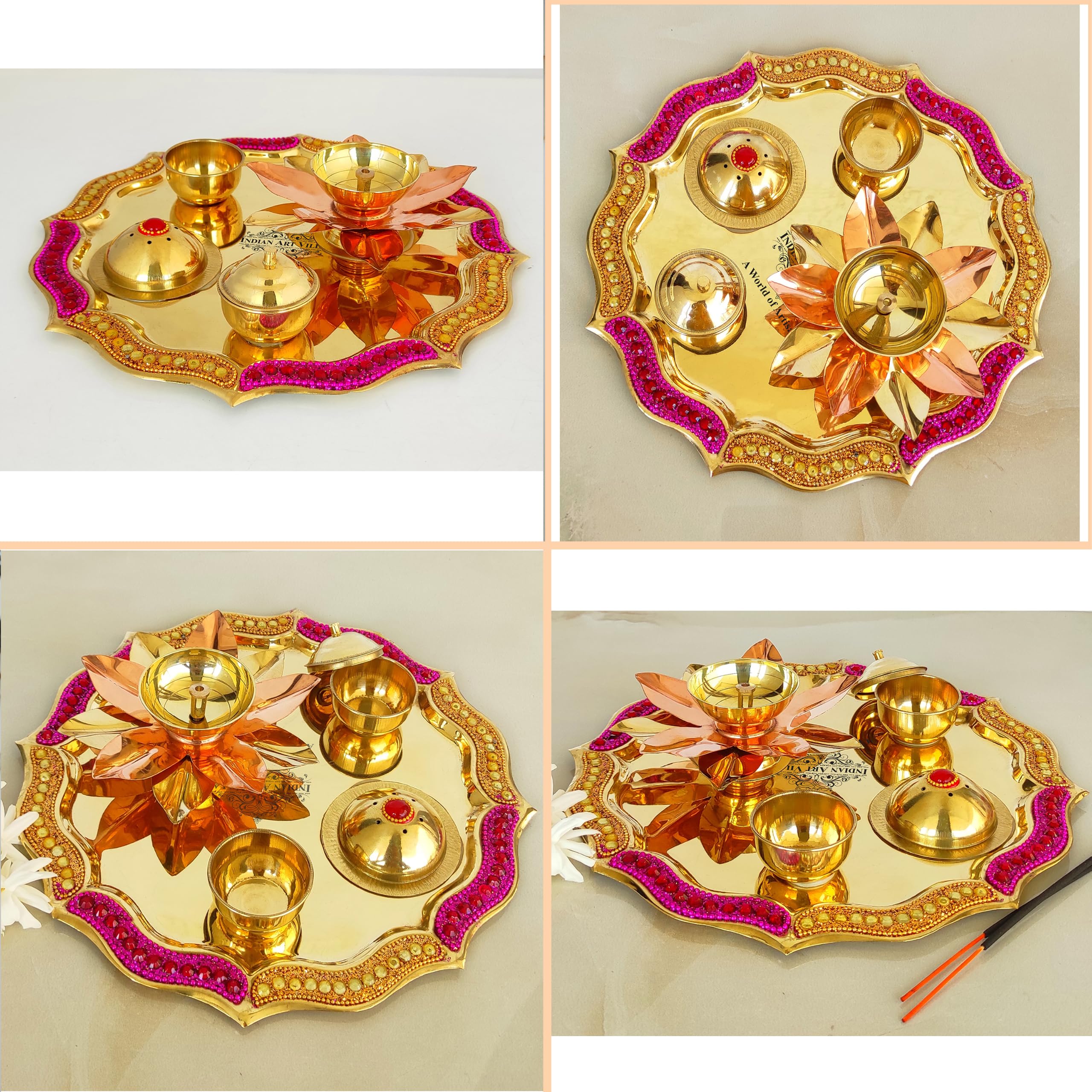 INDIAN ART VILLA Brass Red Beaded Design Pooja Thali, Aarti thali for Home/Temple, Spiritual Gift Item (Golden, 10 Inches) - Pack of 1