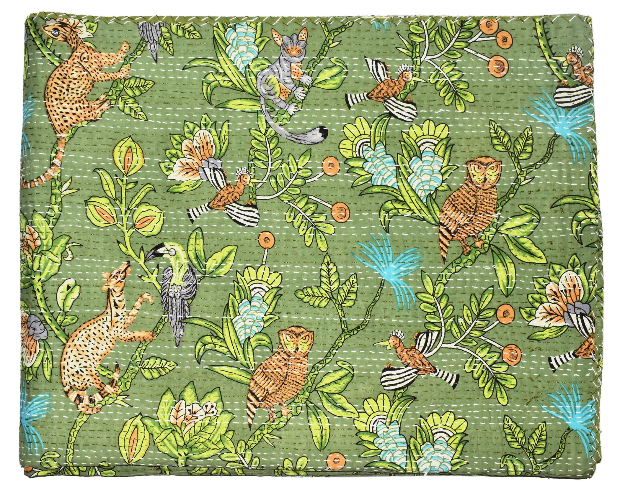 Handicrafts Plus New Indian Cotton Gudari King Size Kantha Quilt Beautiful Bedding Olive Green Color Bedcover 90x108''