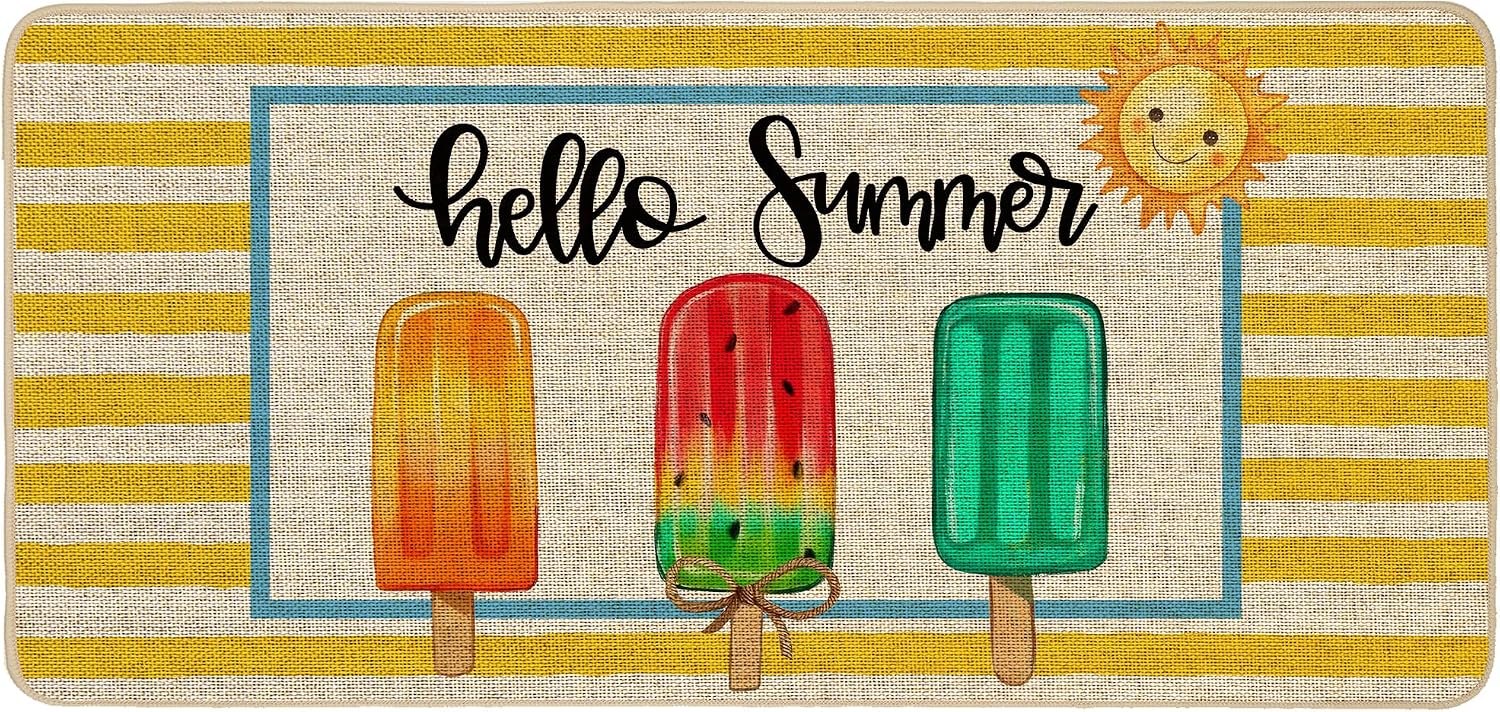 Baccessor Summer Doormat 17x36 inch, Popsicle Yellow Striped Hello Summer Welcome Door Mat Rug for Floor Non Slip Rubber Backing Seasonal Holiday Decor for Indoor Outdoor