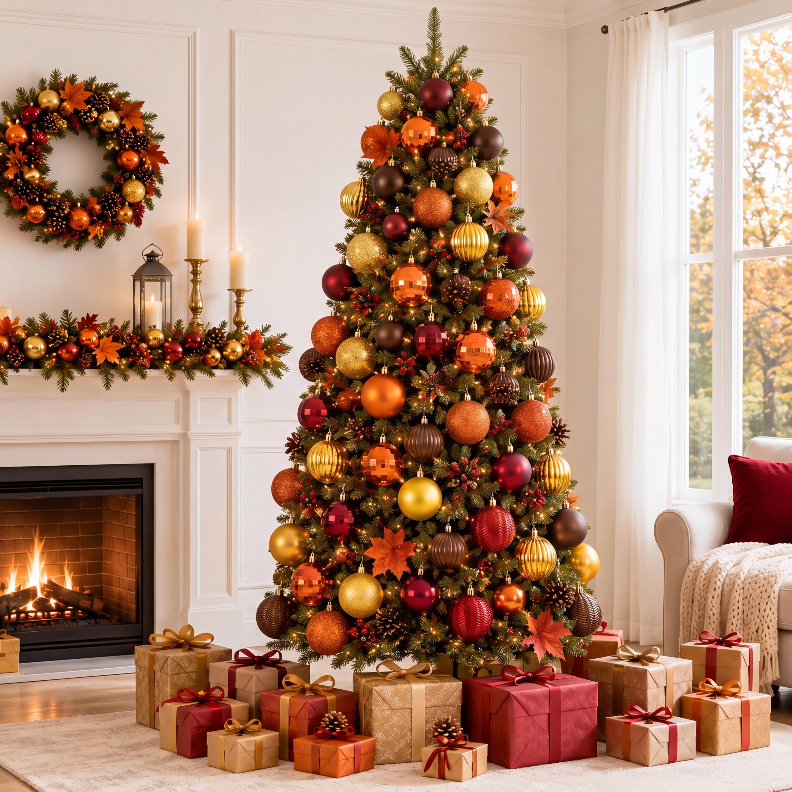 Lunmon 64 adornos de bola de otoño para árbol de Navidad con purpurina, dorado, naranja, rojo, marrón, decoración de otoño, adornos de cosecha de varios tamaños para suministros de fiesta,