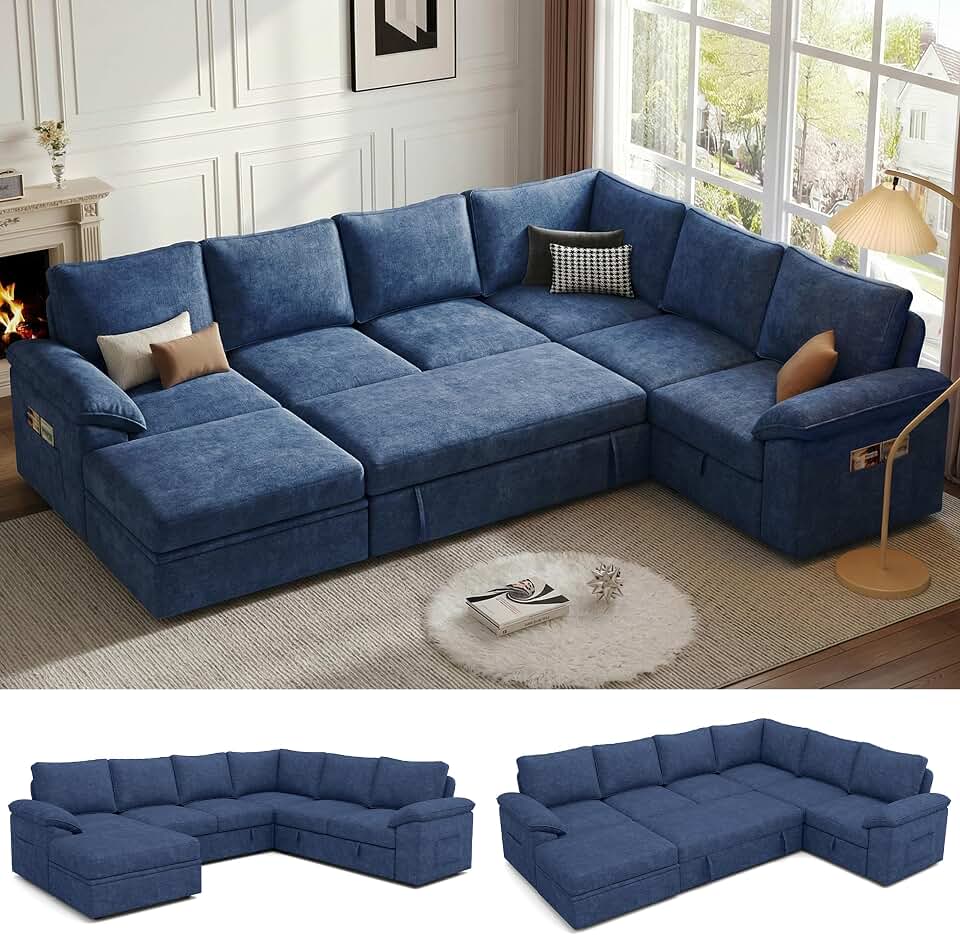 106'' Modular Sectional Sofa with Pull Out Bed, Sleeper Sofa, Blue