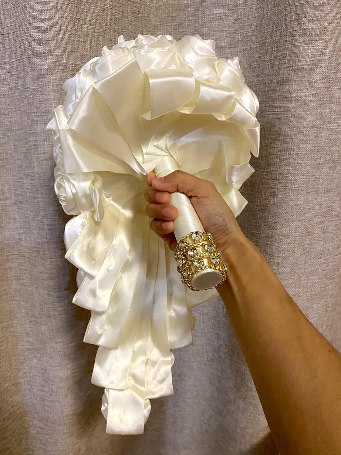 Handmade Satin Rose Water Drop Bridal Bouquet 8.7inch Crystal Wedding Round Tossing Bouquet Jewelry Proposal Bridesmaid Bouquet Groom Corsage Bride Wrist Flower Ivory (Ivory) - Image 3