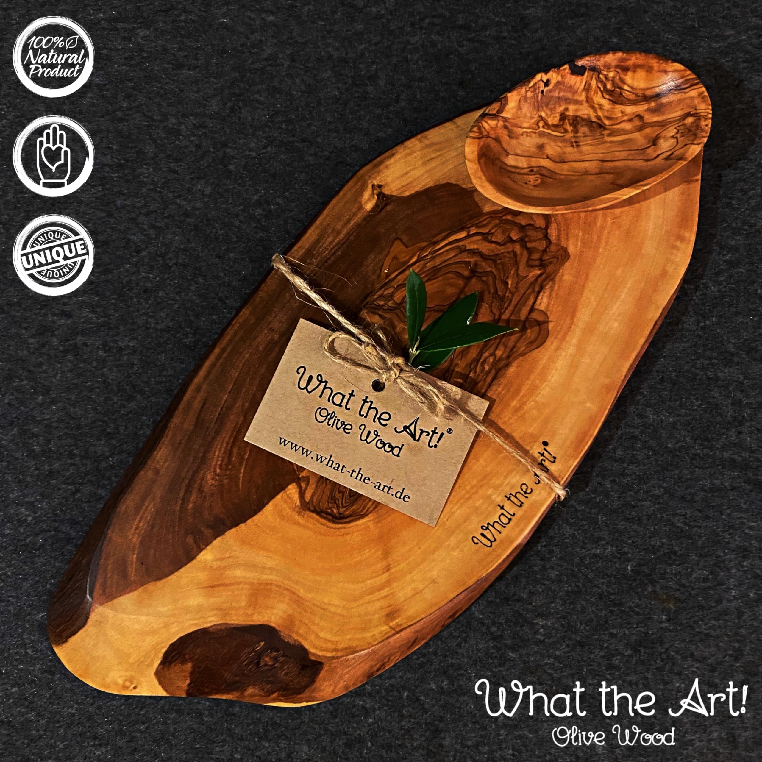 What The Art! Olivenholz-Schneidebrett »Half Rustic« Gr. M – Mit Dip-Schälchen | Handgefertigt Aus Altem Olivenbaum | Nachhaltiges Käsebrett & Servierbrett