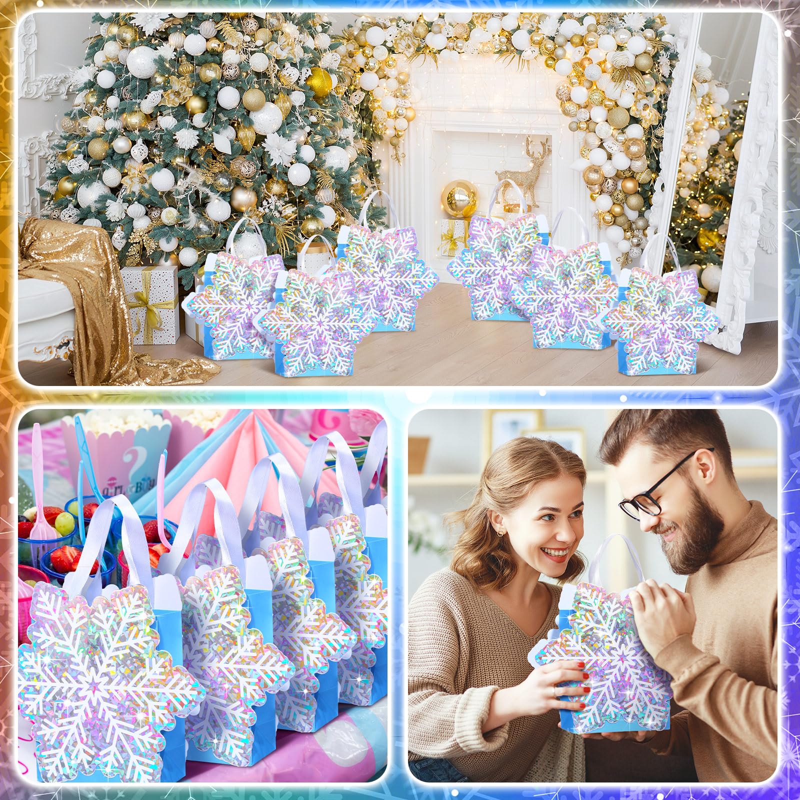 Kolldenn 24 Stück Weihnachts-Schneeflocken-Papiertüten, Winter-Geschenktüten, Prinzessinnen-Geschenktüten, Schneeflocken-Partygeschenke, Schneeflocken-Papiertüten, Süßigkeiten-Leckerli-Tüten für