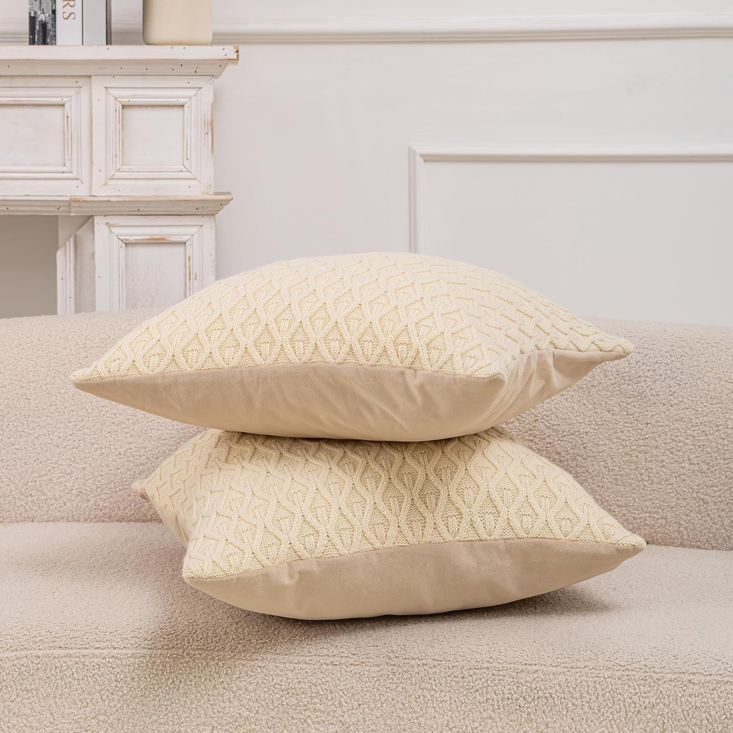 Pack of 2, Decorative Woollen Throw Pillow Covers Soft Accent Cushion Case Farmhouse Neutral Pillowcase for Couch Sofa Bedroom Living Room Home Decor 18 x 18 Inch Beige