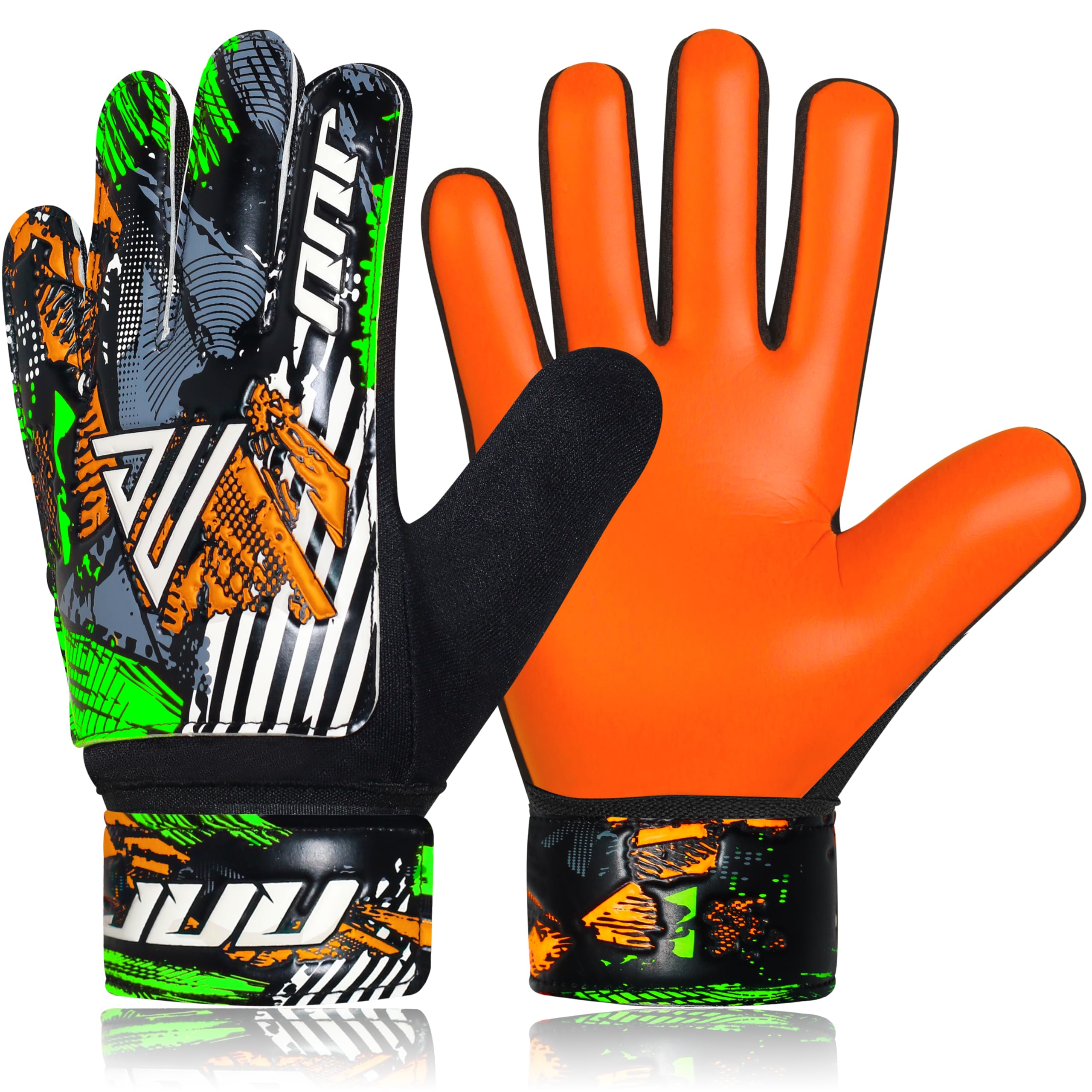 JUU Football Goalkeeper Gloves with 4mm Latex for Super Grip Palm & Double Wrist Protection Funky Goalkeeping Gloves (Fluroscent Orange, Size 3 suitable for 5 to 6 year old)