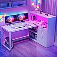 DWVO L Shaped Computer Desk with Power Outlet & RGB Light, 78.8" Reversible Gaming Desk for Bedroom, 360° Rotatable LED Drawer Dresser with 6 Drawers, Home Office Desk with Charging Station, White