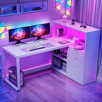 DWVO L Shaped Computer Desk with Power Outlet & RGB Light, 78.8" Reversible Gaming Desk for Bedroom, 360° Rotatable LED Drawer Dresser with 6 Drawers, Home Office Desk with Charging Station, White