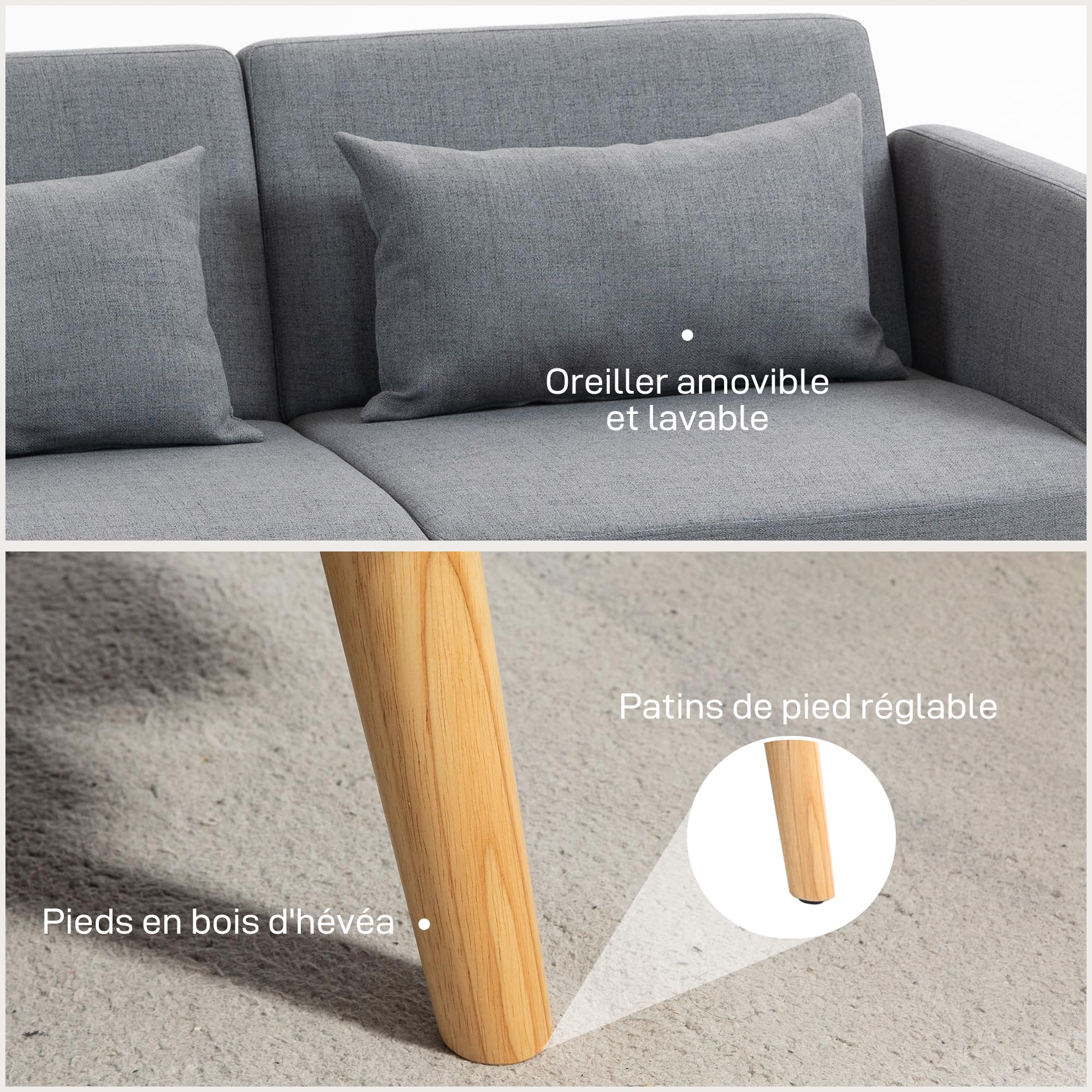 HOMCOM Canapé Convertible 3 Places Canapé-Lit 2 Places Clic Clac Gris | Dossier Inclinable, Accoudoirs Réglables, Tissu Effet Lin, Pieds en Bois Massif, 2 Coussins Lavables