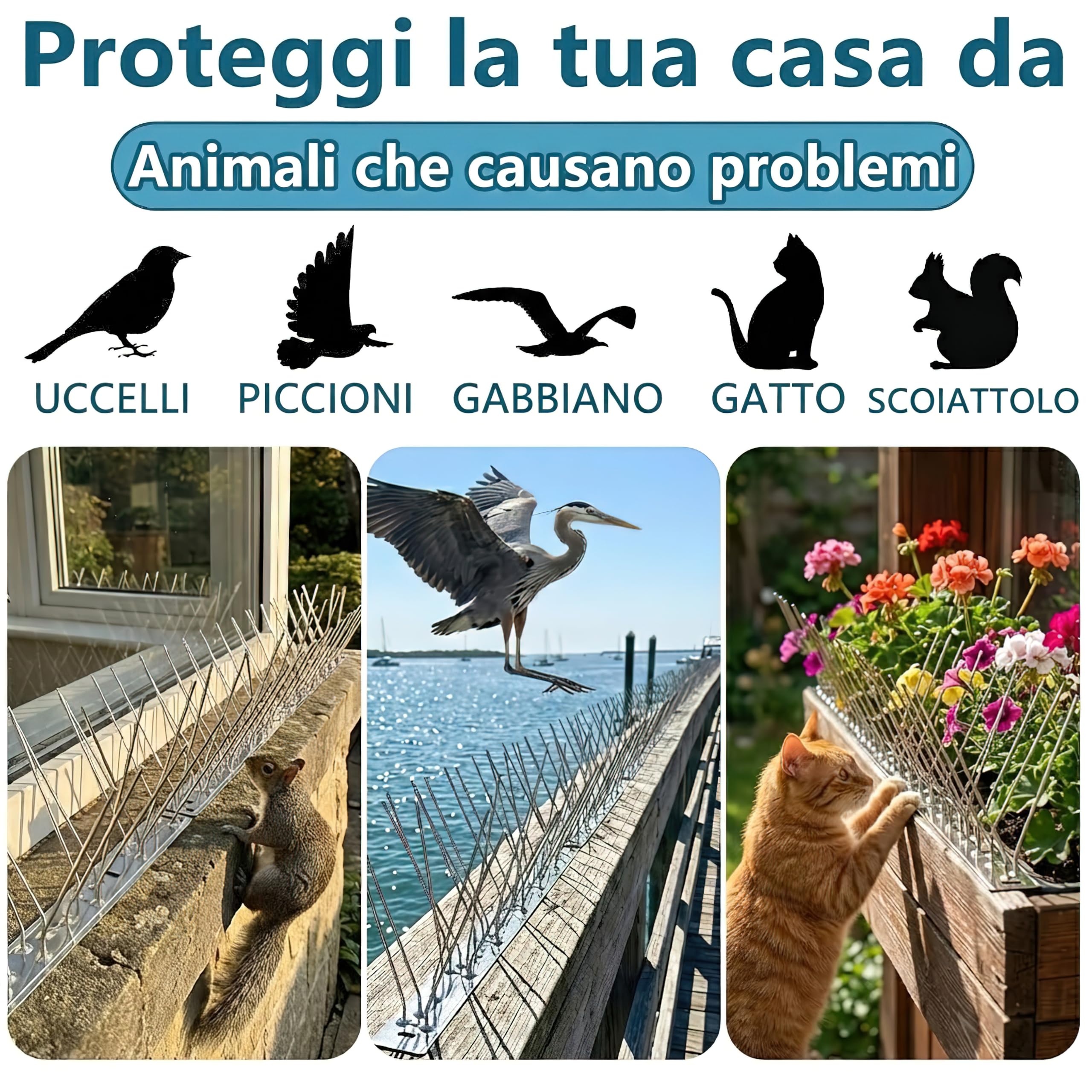 Dissuasori Piccioni Inox (9,5m, 38 pz da 25cm) - Spilli Anti Volatili 304 con 76 Viti & 76 Fascette - per Balcone, Grondaia, Ringhiera & Tetto - Esterno