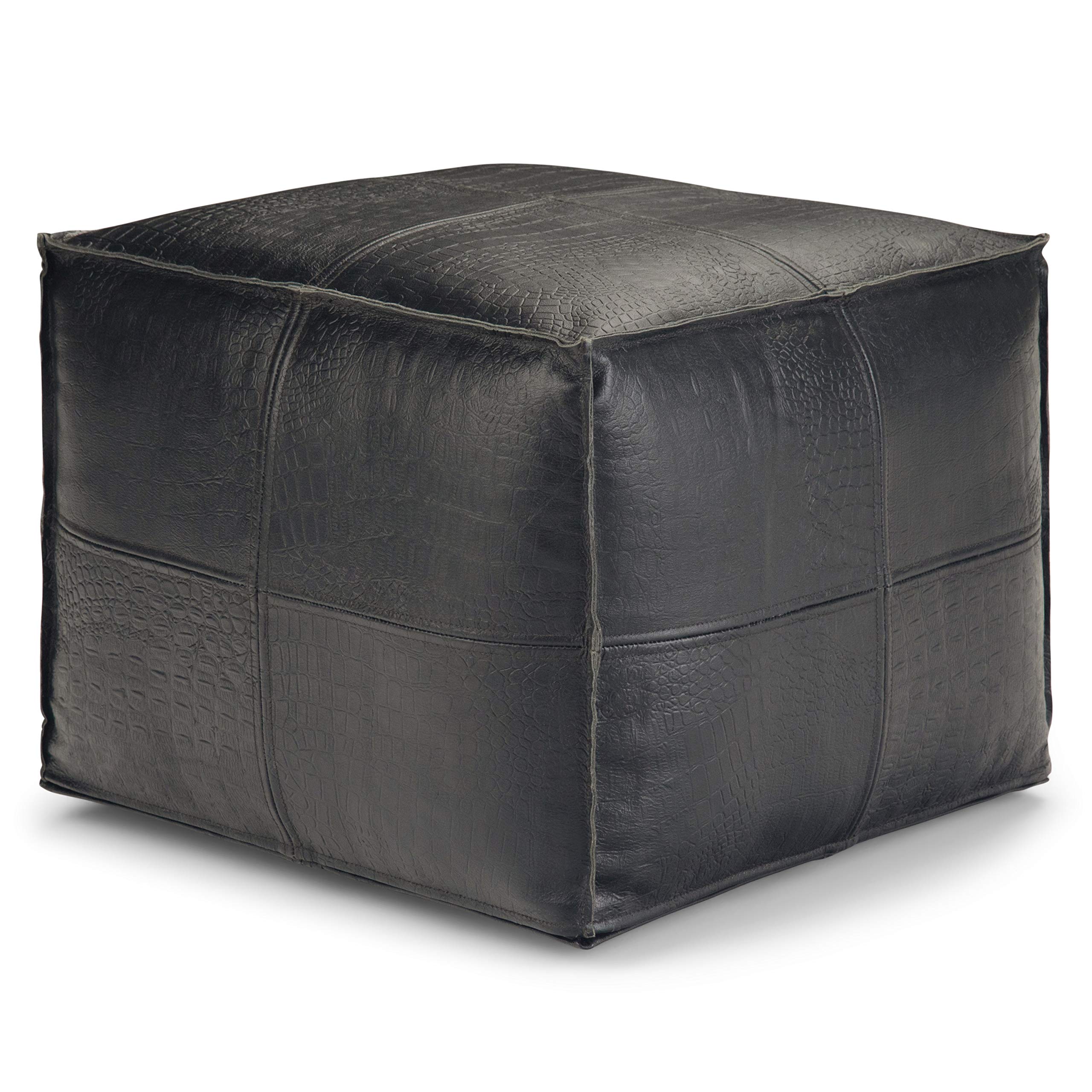 SIMPLIHOME Bowen Square Pouf - 18 inch Wide Handcrafted Genuine Leather Ottoman in Black, Boho Footstool or Extra Seating for Living Room or Bedroom