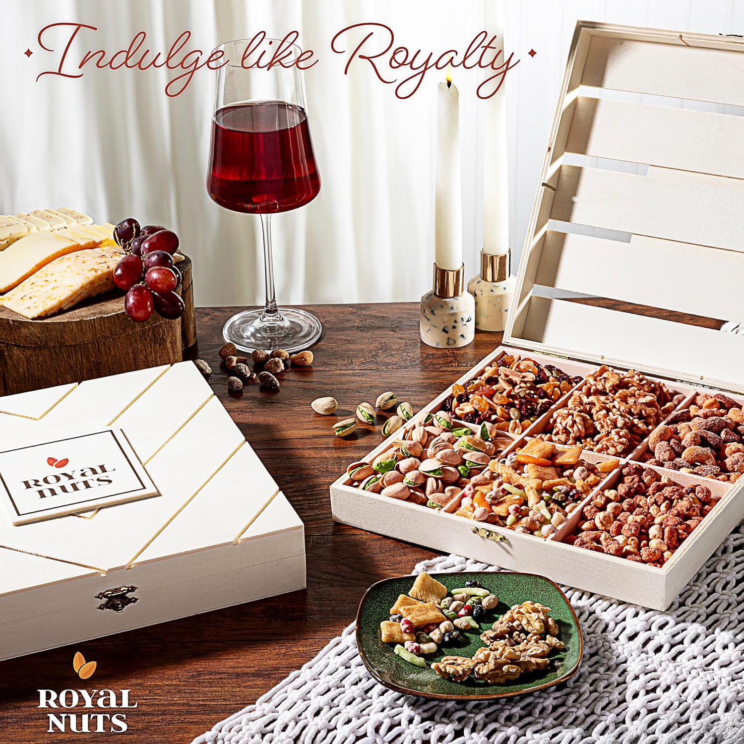 Royal Nuts Gift Basket – Gourmet Mixed & Assorted Nuts in Reusable Wooden Crate | Deluxe Holiday Food & Nut Gift Box for Dad, Grandpa, Adults & Family - Kosher, Healthy Gift Baskets