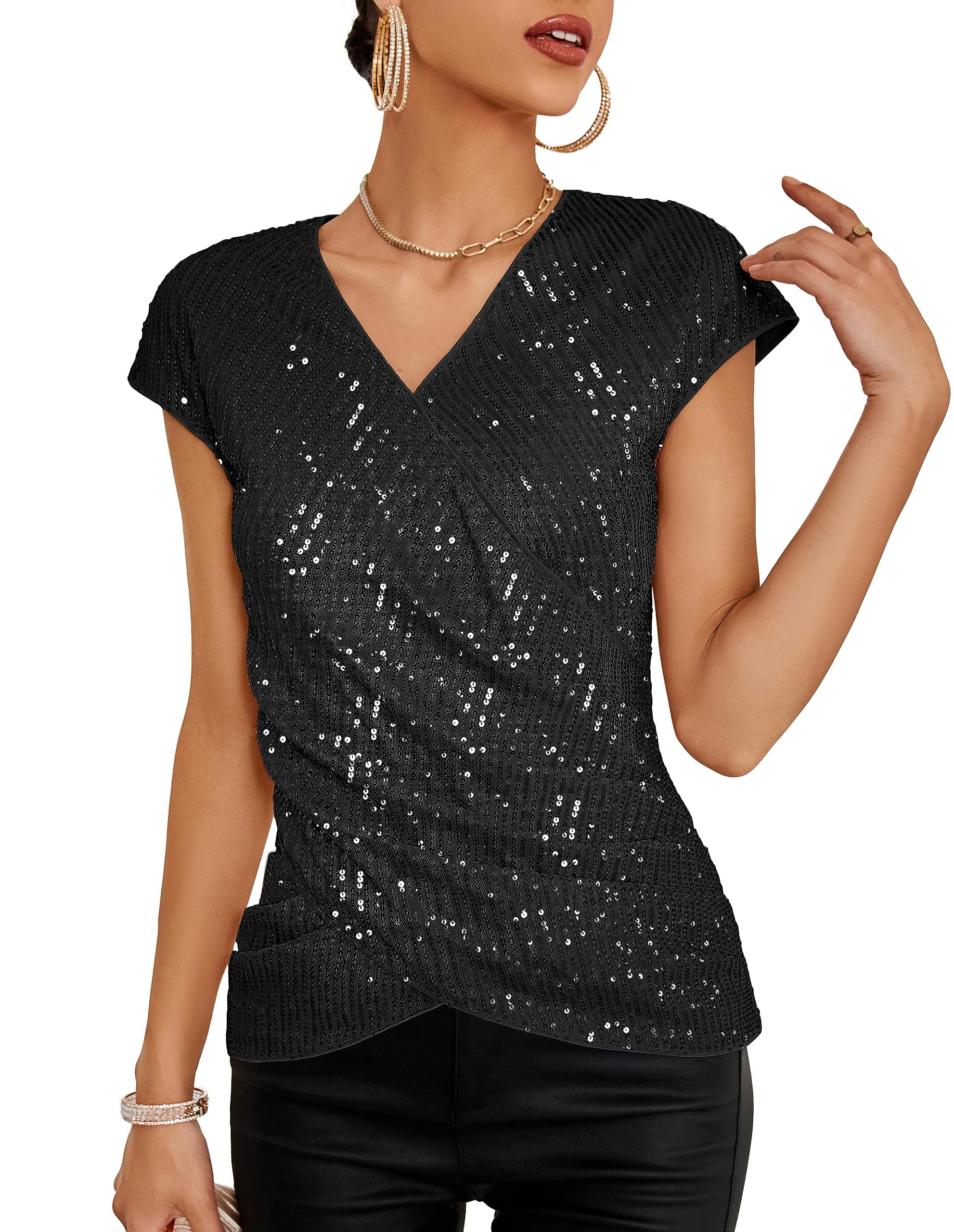 GRACE KARIN Top de lentejuelas para mujer, cuello en V, con purpurina festiva, parte superior de fiesta, CL2226