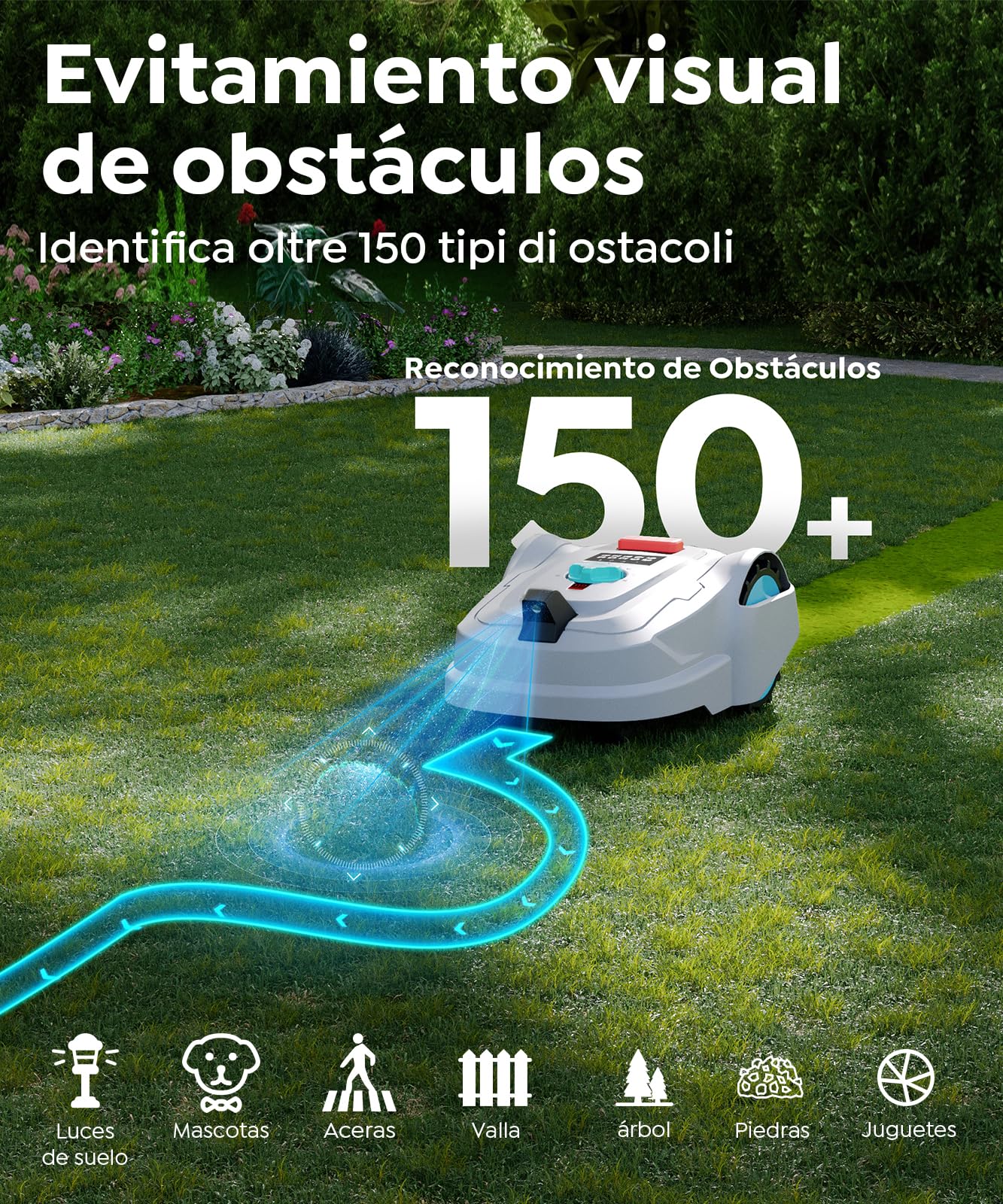 YARDCARE M800Plus Robot Cortacésped sin Cable Perimetral, 800 m², Posicionamiento GPS + Visión IA, Robot Cortacésped sin Cables, Modo de Corte en U, Detección de 150 Obstáculos, Carga Automática, App