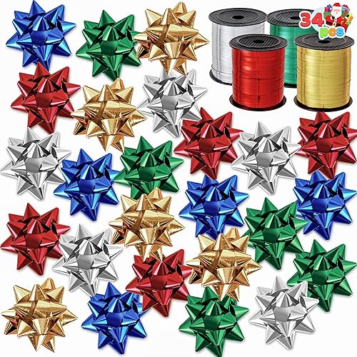 JOYIN Juego de 34 lazos y cintas de Navidad, 4 rollos de cintas rizadas con 30 lazos, envoltura de regalos para decoración de manualidades navideñas
