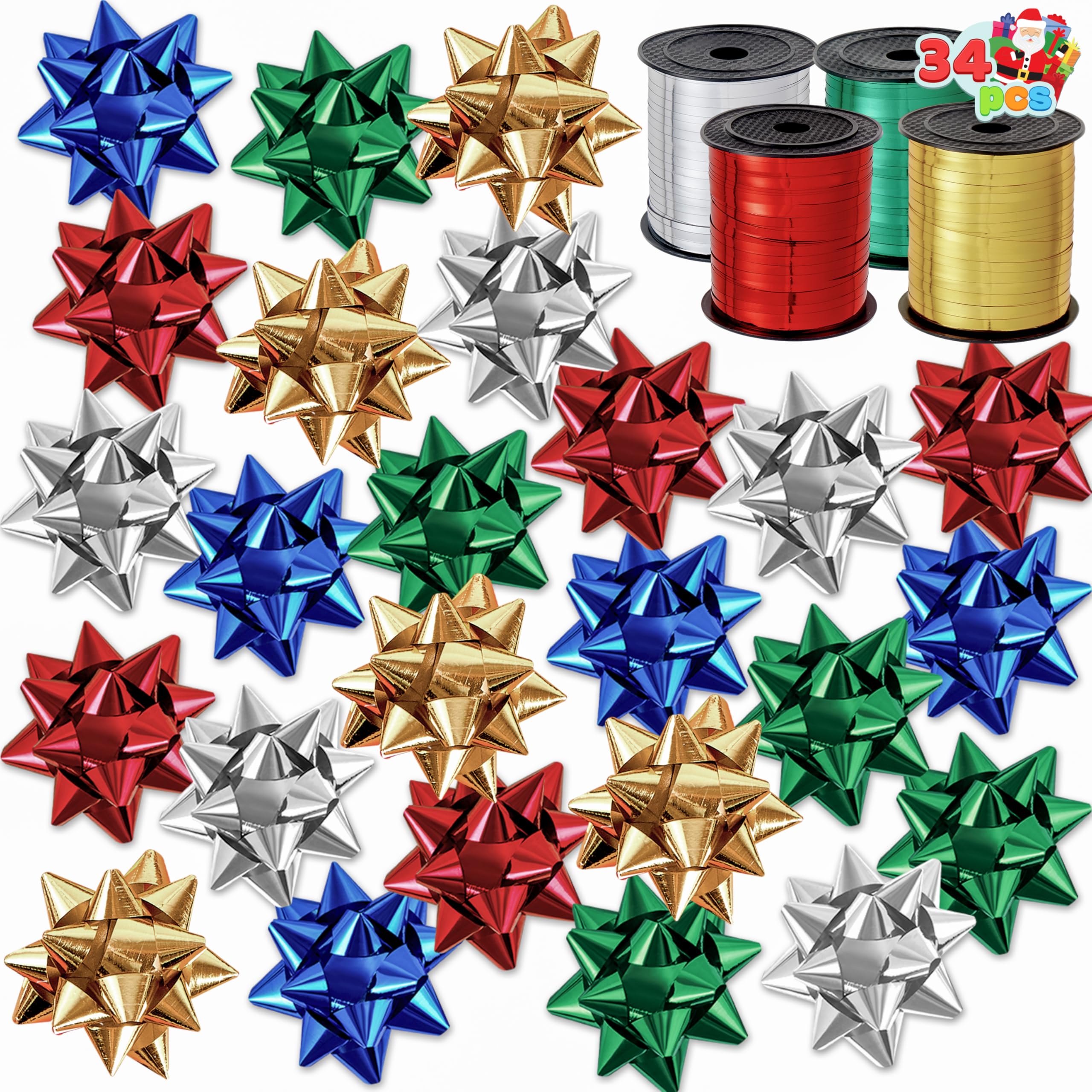 JOYIN Christmas Ribbon Set - 4 Rolls of Curling Ribbon With 30 Pcs Bows for Hair, Gift Wrapping, DIY Crafts