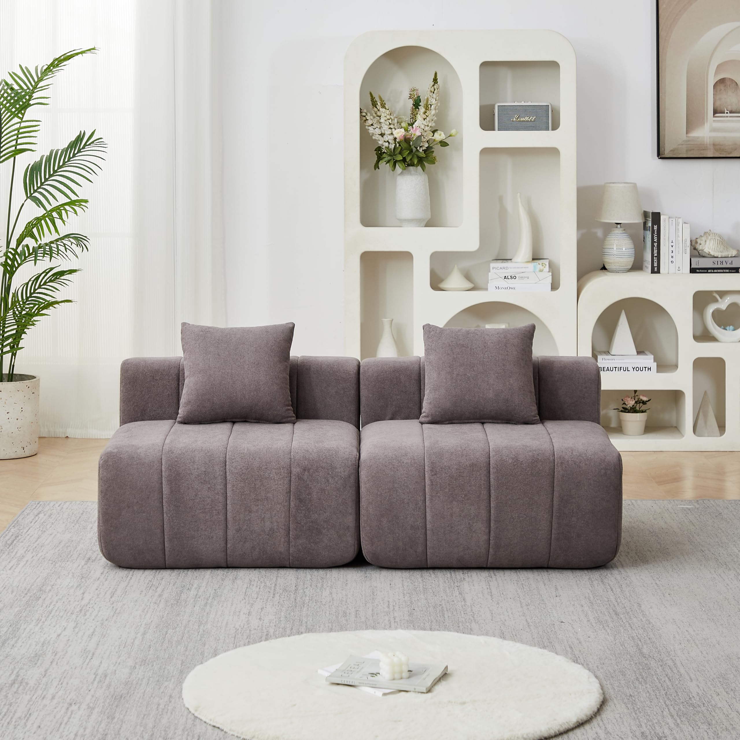 Sofá modular de chenilla de 2 plazas, diseño de piano, 2 almohadas, sin