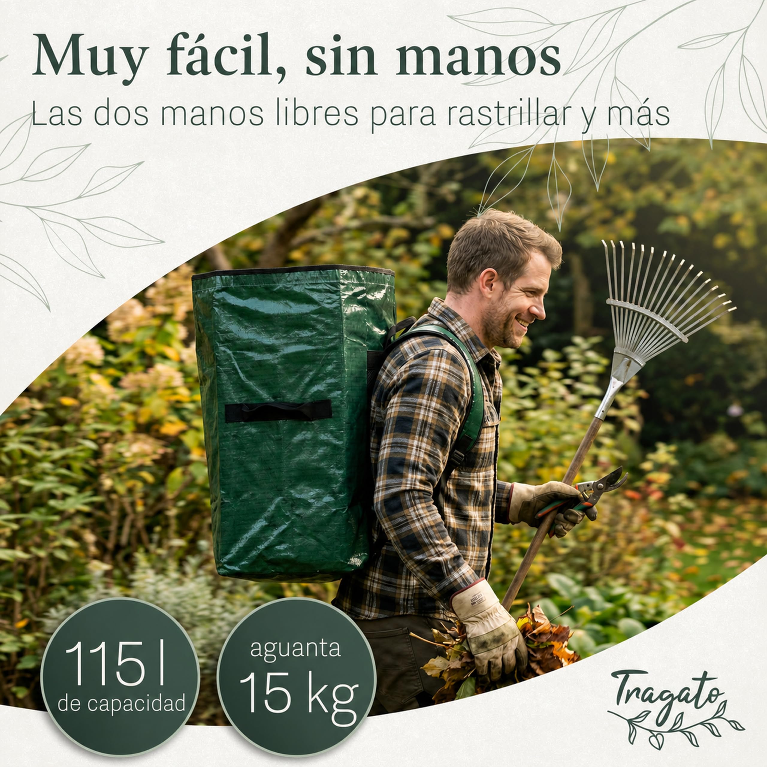 Bolsa de Basura de Jardín 115 L – Manos Libres, Autoportante | Manos libres con sistema de mochila acolchado | 115 L | autoportante y reutilizable | tejido PP de doble capa, resistente