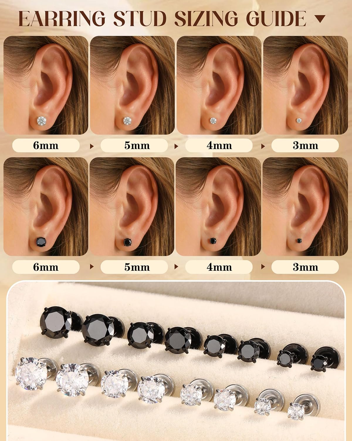ORAZIO 6Pairs Hypoallergenic Flat Back Earrings 316L Stainless Steel Studs for Sensitive Ears, 3-8mm Cubic Zirconia, Stylish Jewelry for Women Men - Silver