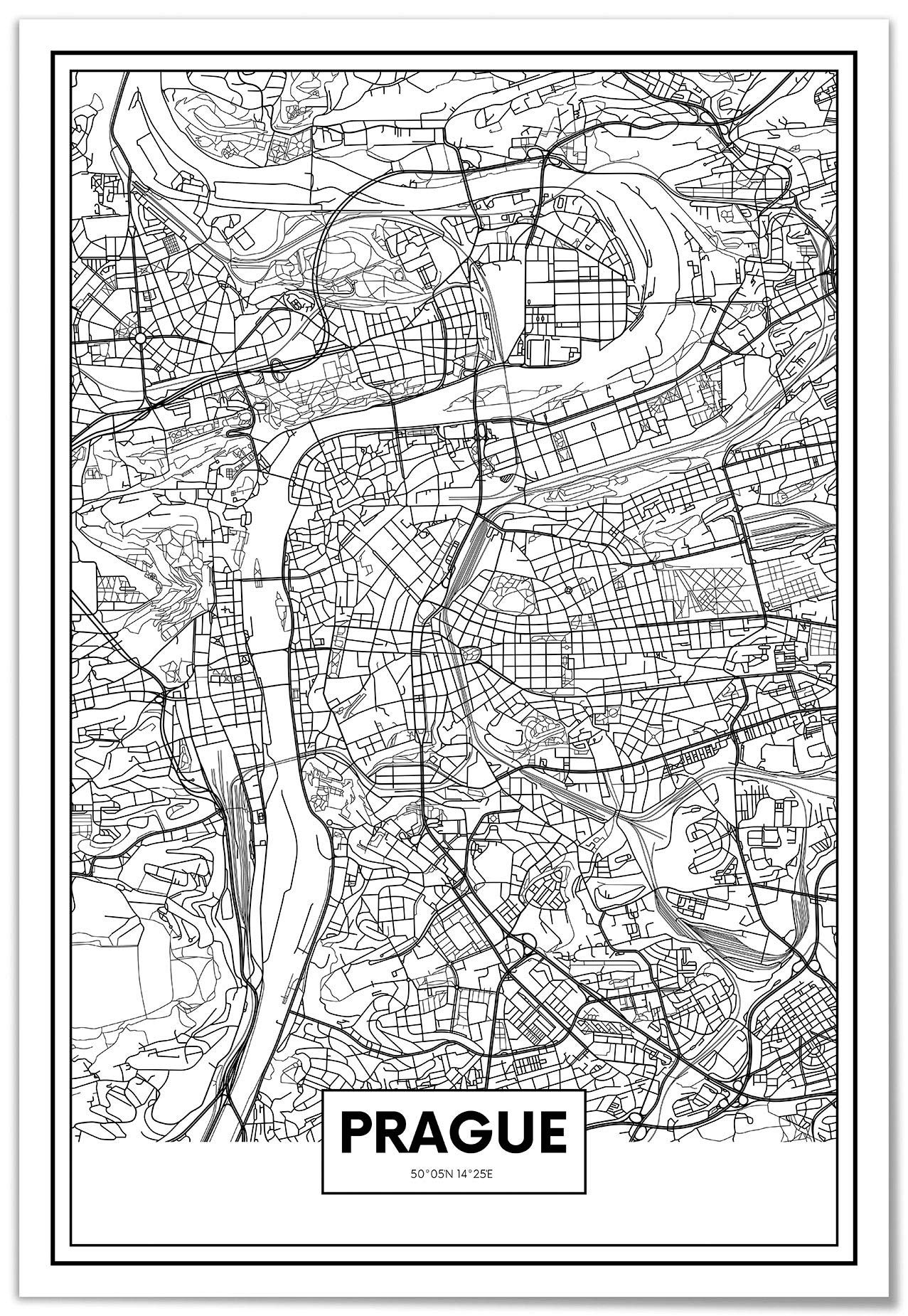 Panorama Dibond Aluminium Carte de Prague 70 x 100 cm - Tableau Villes du Monde Noir et Blanc - Tableau Moderne pour la Maison