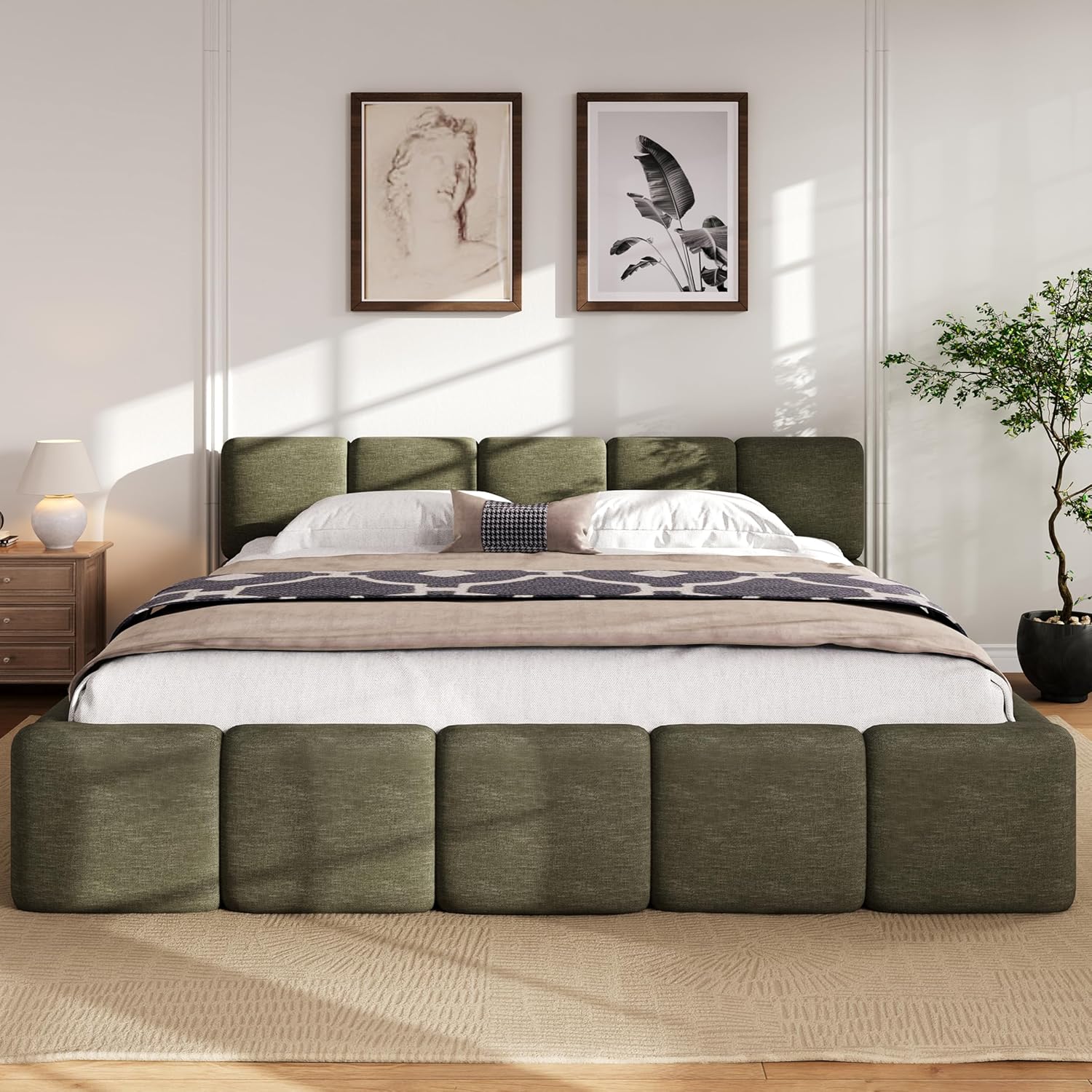 Harper & Bright Designs King Size Platform Bed, Floor Platform Bed Grounded Bed Frame with Thick Headboard and Footboard, Block Style, Green