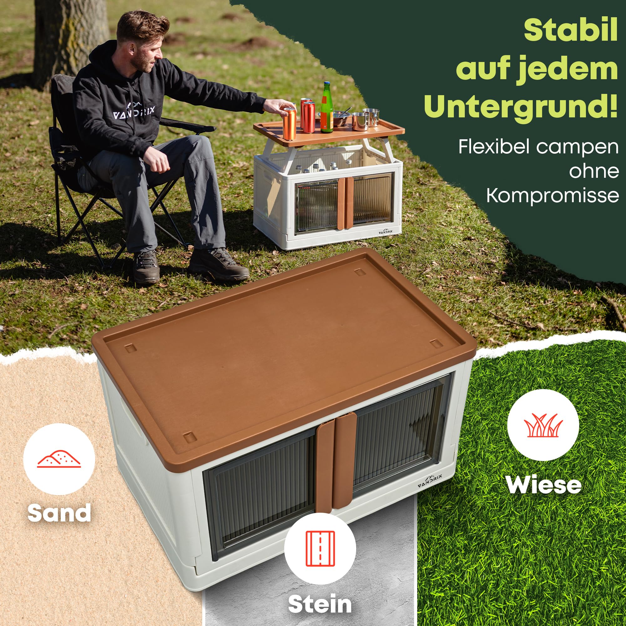 VANDRIX Campingschrank faltbar mit Tischfunktion – Ultraleicht (3,9 kg), in 1 Min. aufgebaut, wetterfest, 20 kg Traglast, stabil auf Sand/Kies, ideal für Vanlife, Zelt & Outdoor Reisen