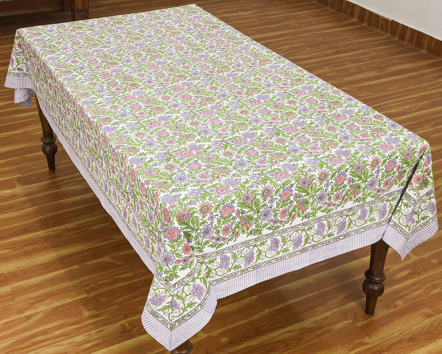 60x60 Inches Square Hand Block Printed Cotton Tablecloth, Purple Pink Floral Table Cloths Washable, Indian Table Linen for Valentine Thanksgiving Gifts Home Decor Dinning Outdoor